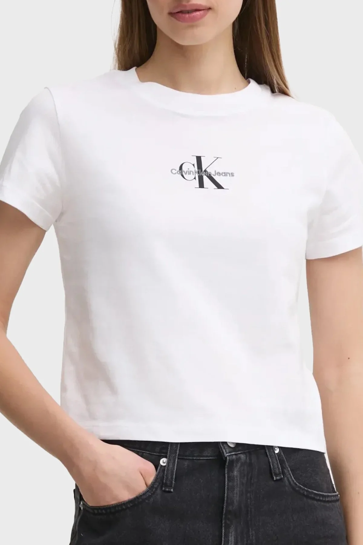 Calvin Klein % 100 Pamuk Slim Fit Logolu Crop J20J223113YAA Bayan T Shirt J20J223113 YAA BEYAZ - 1