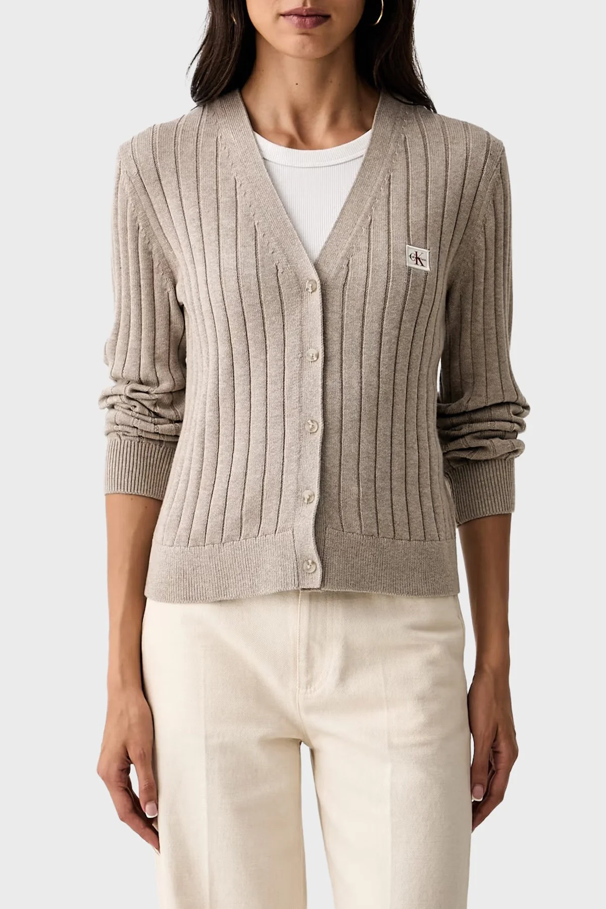 Calvin Klein % 100 Pamuk V Yaka Düğmeli LV047H305G2JX Kadın Kazak LV047H305G 2JX Bej - 1