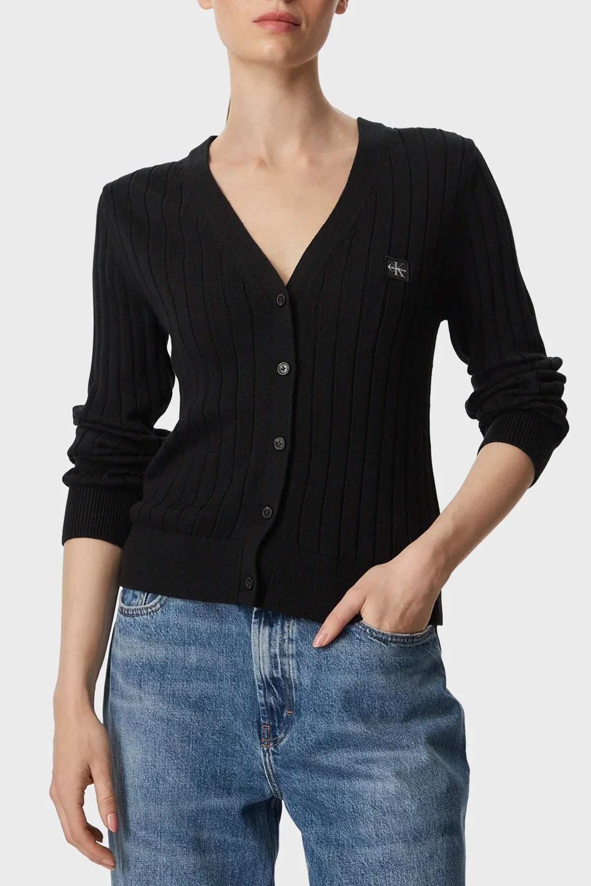 Calvin Klein % 100 Pamuk V Yaka Düğmeli LV047H305GUB1 Kadın Kazak LV047H305G UB1 Siyah - 1
