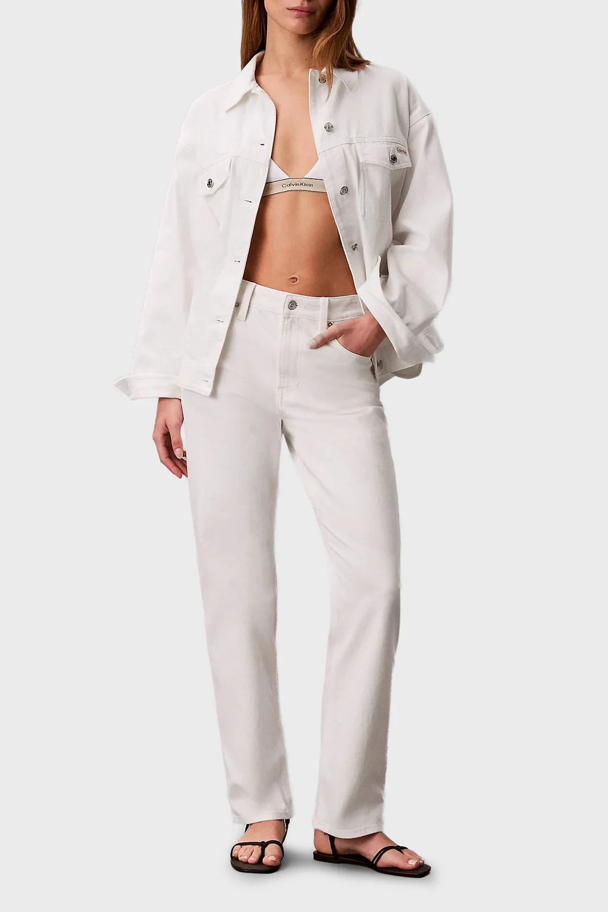 Calvin Klein % 100 Pamuklu Regular Fit Klasik Yaka LV047F759G ASN Bayan Kot Ceket LV047F759G ASN BEYAZ - 2
