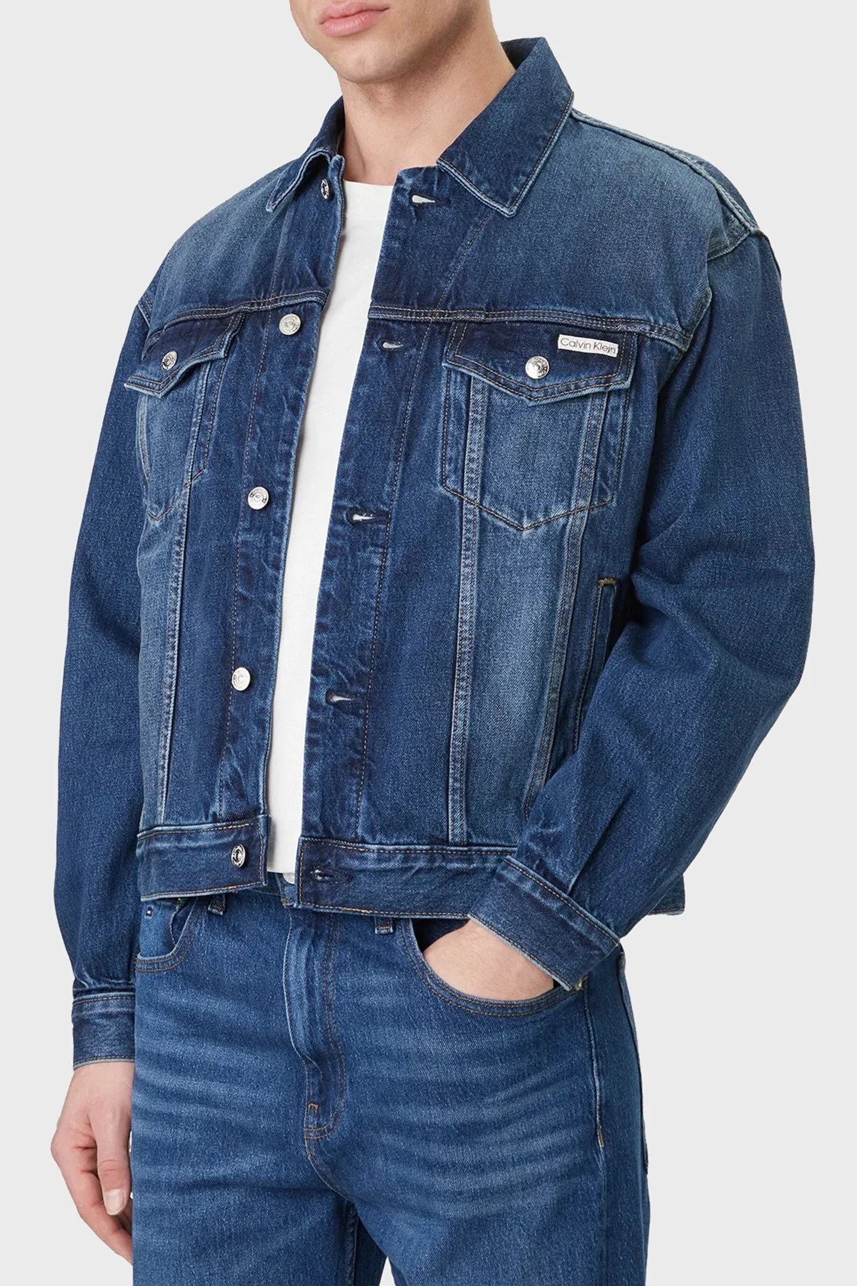 Calvin Klein % 100 Pamuklu Regular Fit Klasik Yaka LV04RF705GPTT Erkek Kot Ceket LV04RF705G PTT LACİVERT - 1