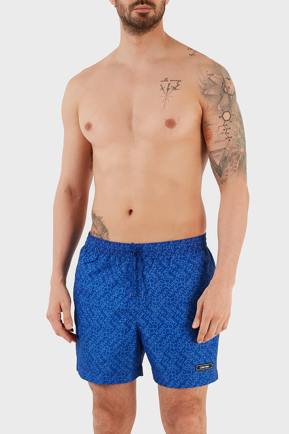 Calvin Klein Baskılı Deniz Şortu Belden Bağlamalı KM0KM008130G1 Erkek Mayo Short KM0KM00813 0G1 MAVİ - 1