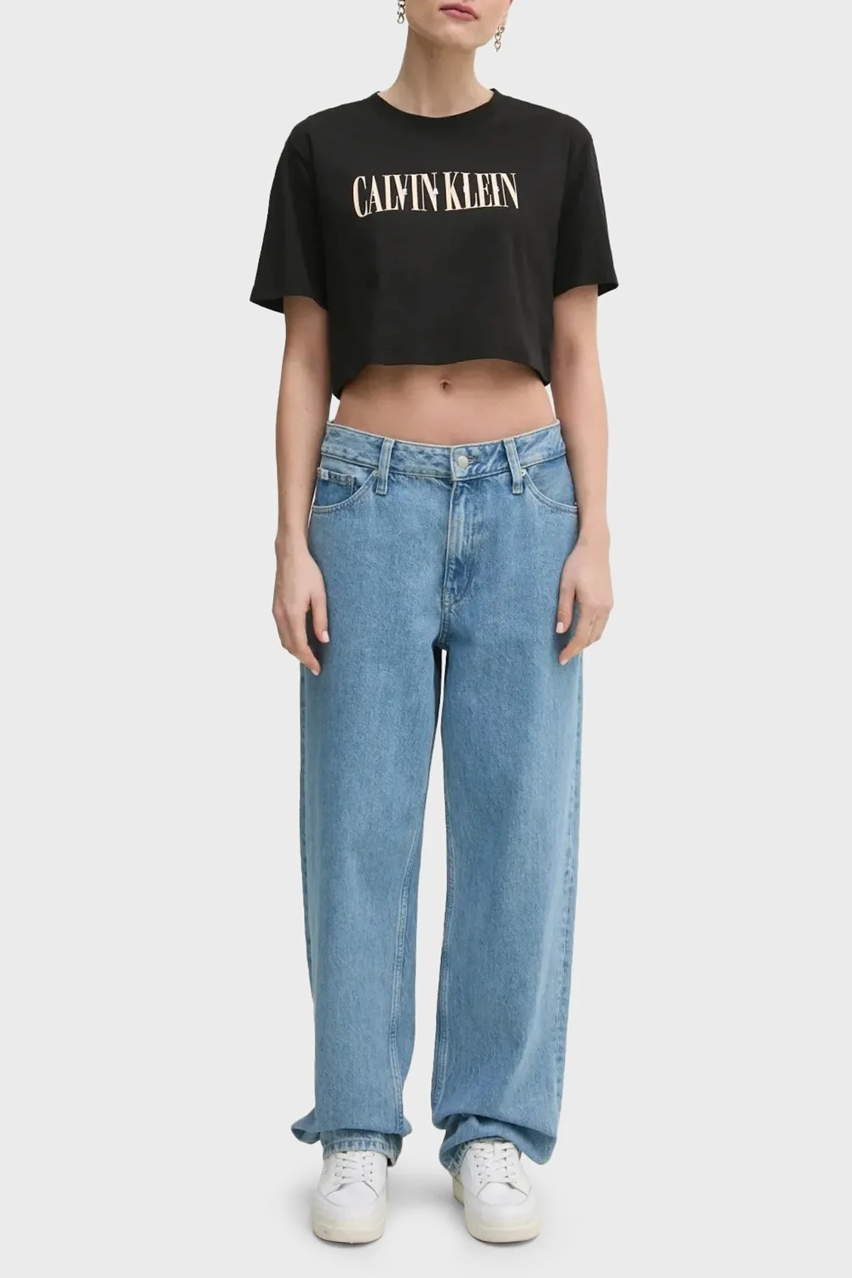 Calvin Klein Baskılı Pamuklu Oversize Fit Yuvarlak Yaka Crop J20J225578BEH Bayan T Shirt J20J225578 BEH SİYAH - 7