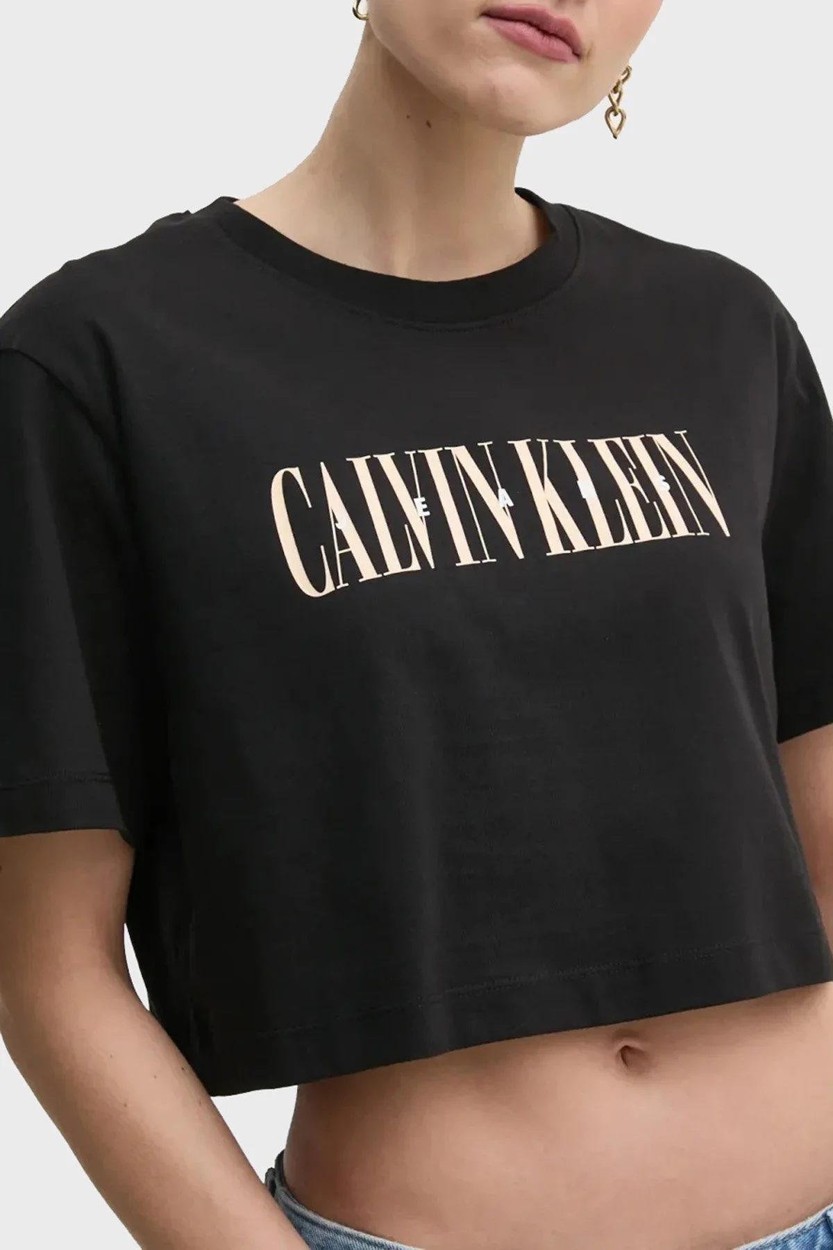 Calvin Klein Baskılı Pamuklu Oversize Fit Yuvarlak Yaka Crop J20J225578BEH Bayan T Shirt J20J225578 BEH SİYAH - 9