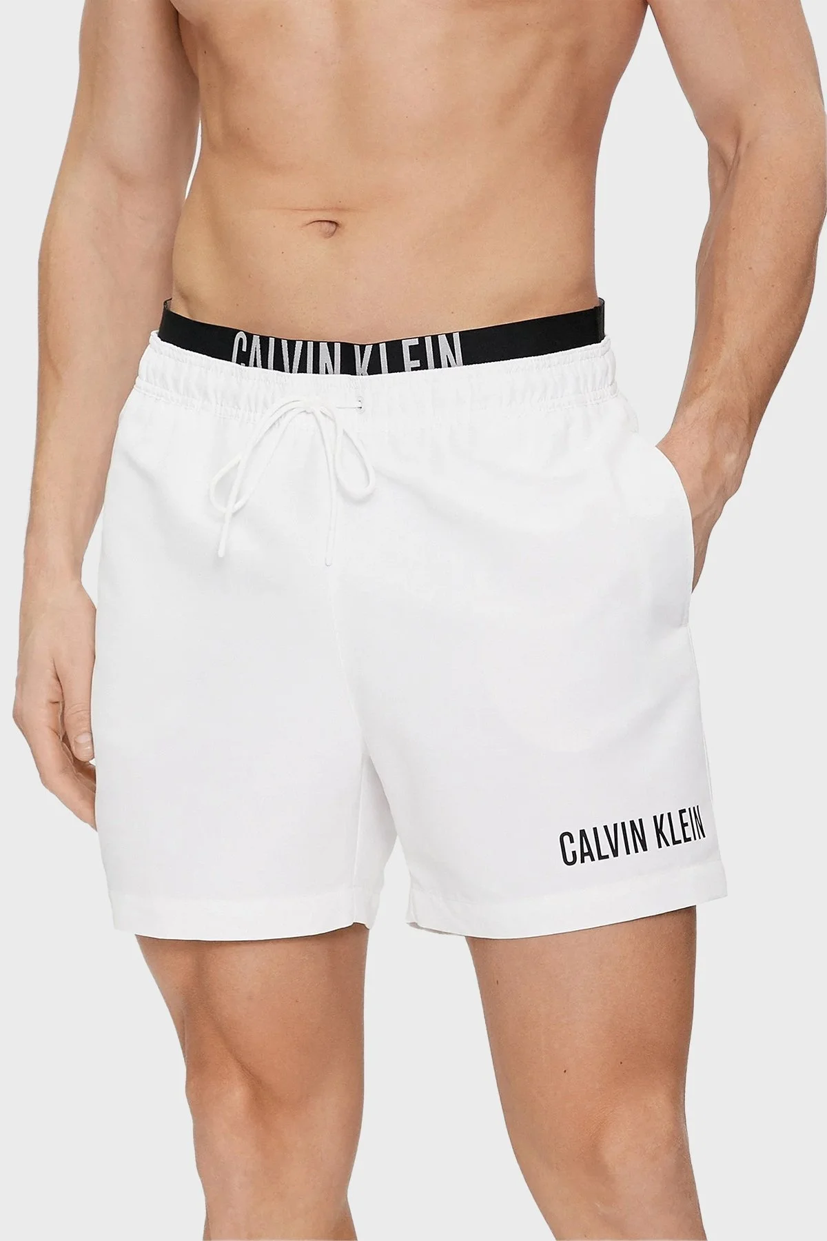 Calvin Klein Çift Bel Detaylı Deniz Şortu Belden Bağlamalı KM0KM00992YCD Erkek Mayo Short KM0KM00992 YCD BEYAZ - 1
