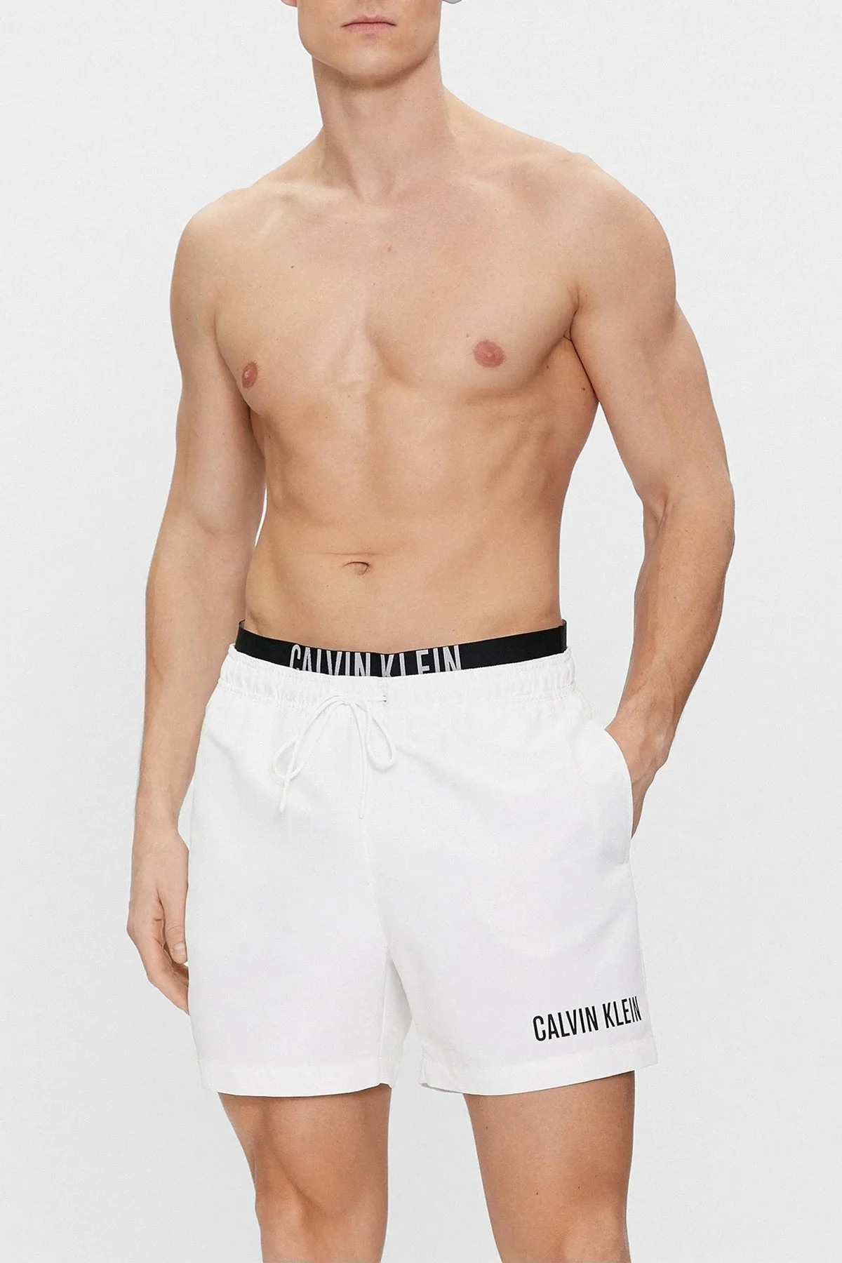 Calvin Klein Çift Bel Detaylı Deniz Şortu Belden Bağlamalı KM0KM00992YCD Erkek Mayo Short KM0KM00992 YCD BEYAZ - 2