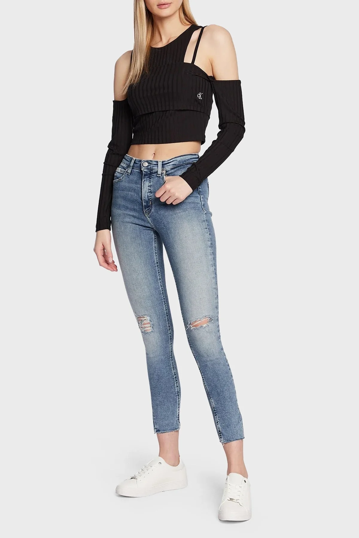 Calvin Klein Çift Katmanlı Slim Fit Omzu Açık Streç Crop J20J220775BEH Bayan Top J20J220775 BEH SİYAH - 2