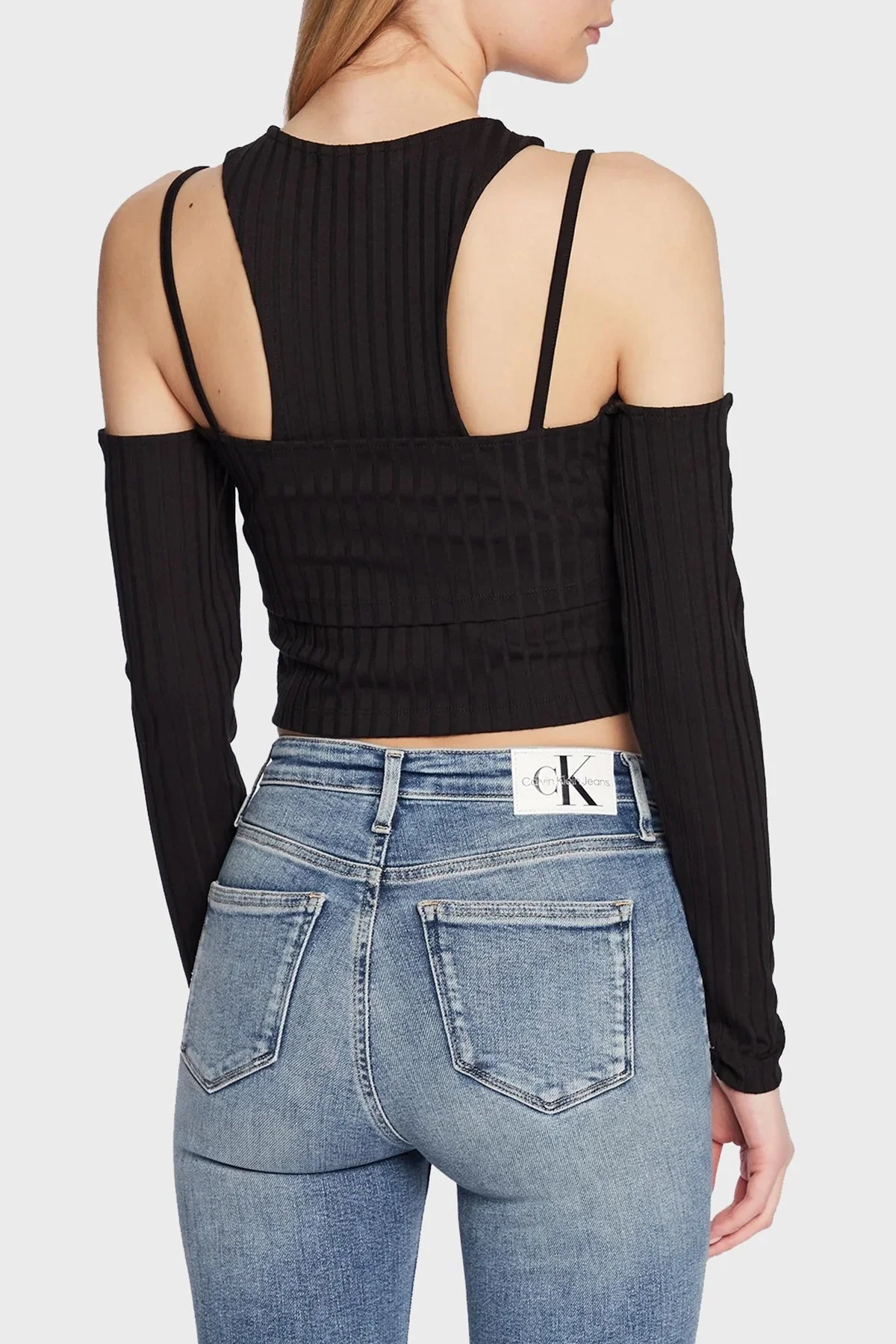 Calvin Klein Çift Katmanlı Slim Fit Omzu Açık Streç Crop J20J220775BEH Bayan Top J20J220775 BEH SİYAH - 3