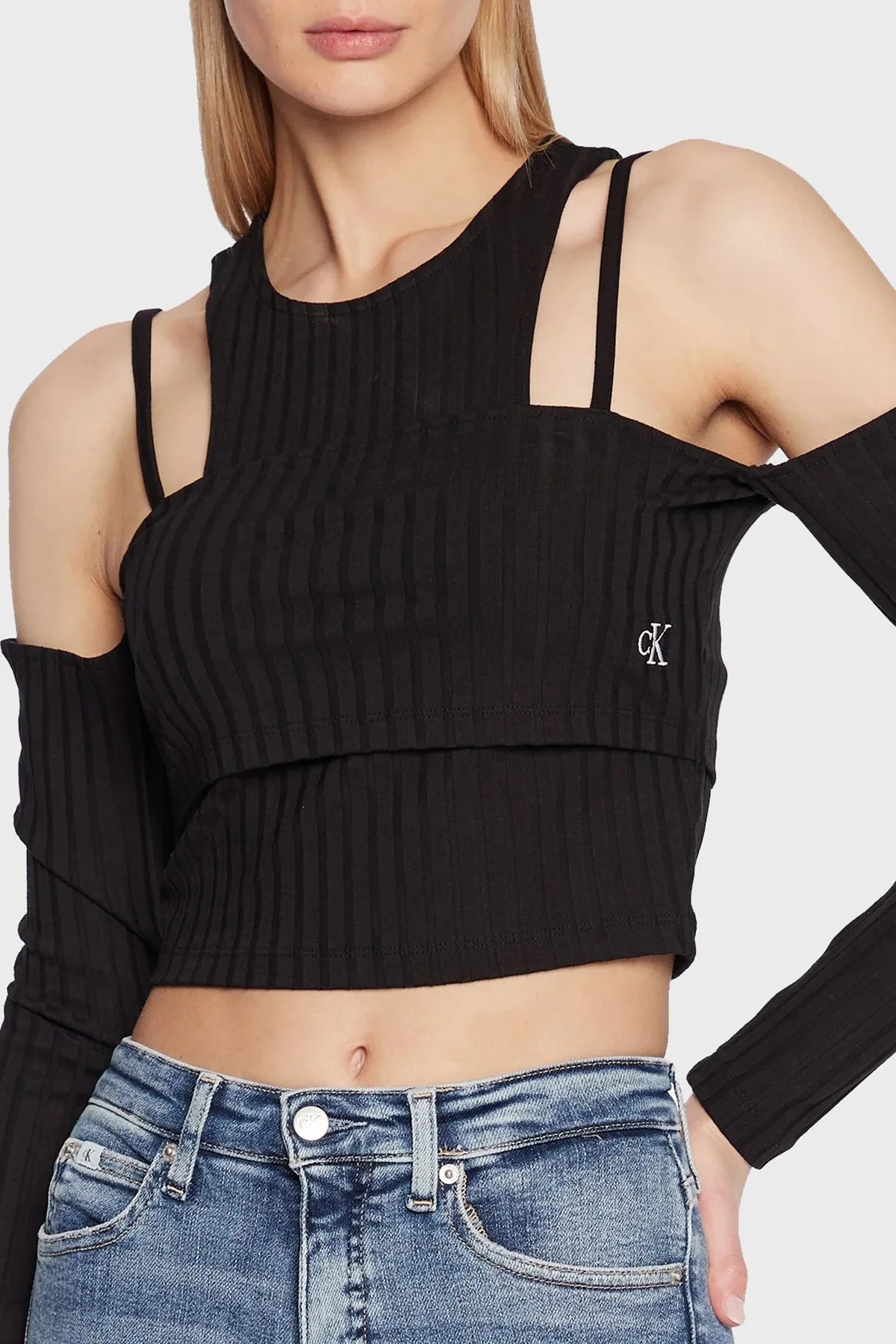 Calvin Klein Çift Katmanlı Slim Fit Omzu Açık Streç Crop J20J220775BEH Bayan Top J20J220775 BEH SİYAH - 4