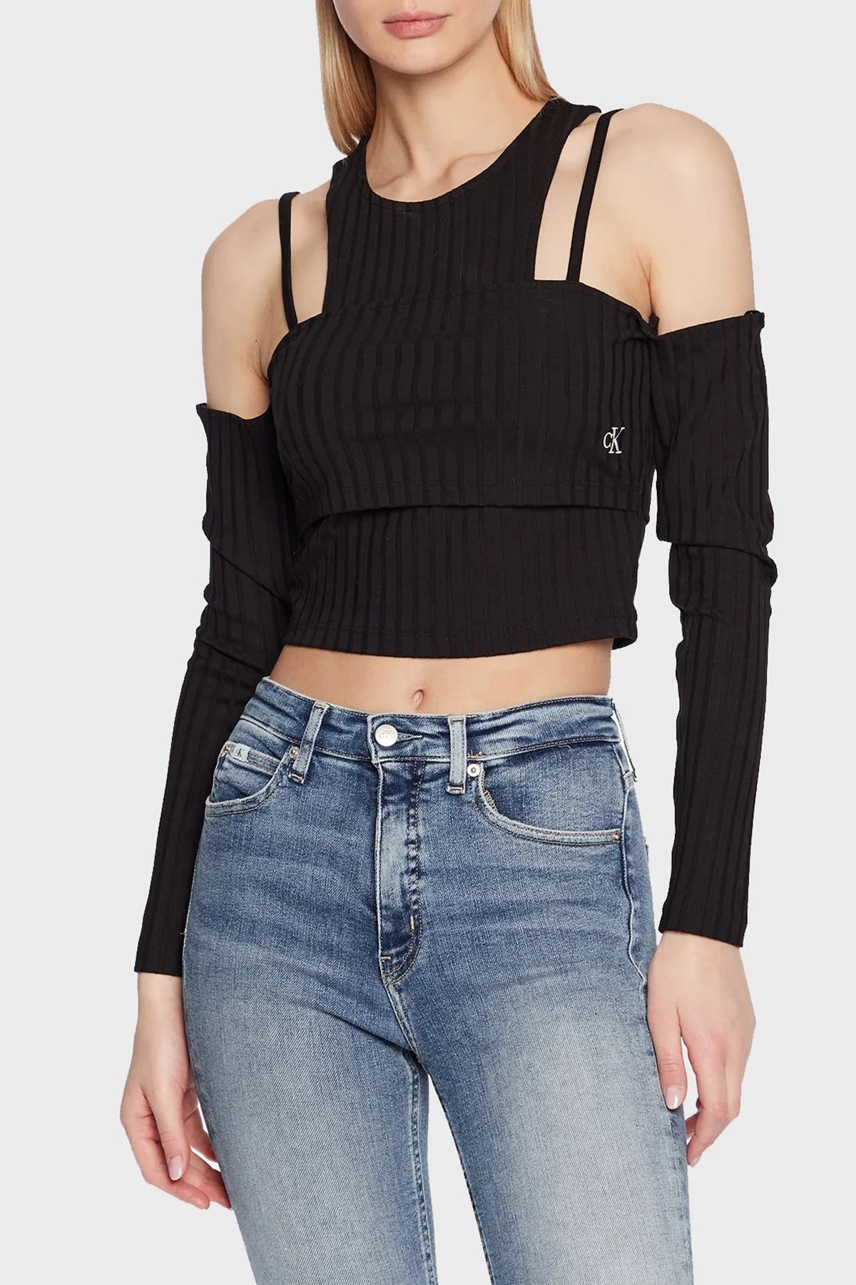 Calvin Klein Çift Katmanlı Slim Fit Omzu Açık Streç Crop J20J220775BEH Bayan Top J20J220775 BEH SİYAH - 1