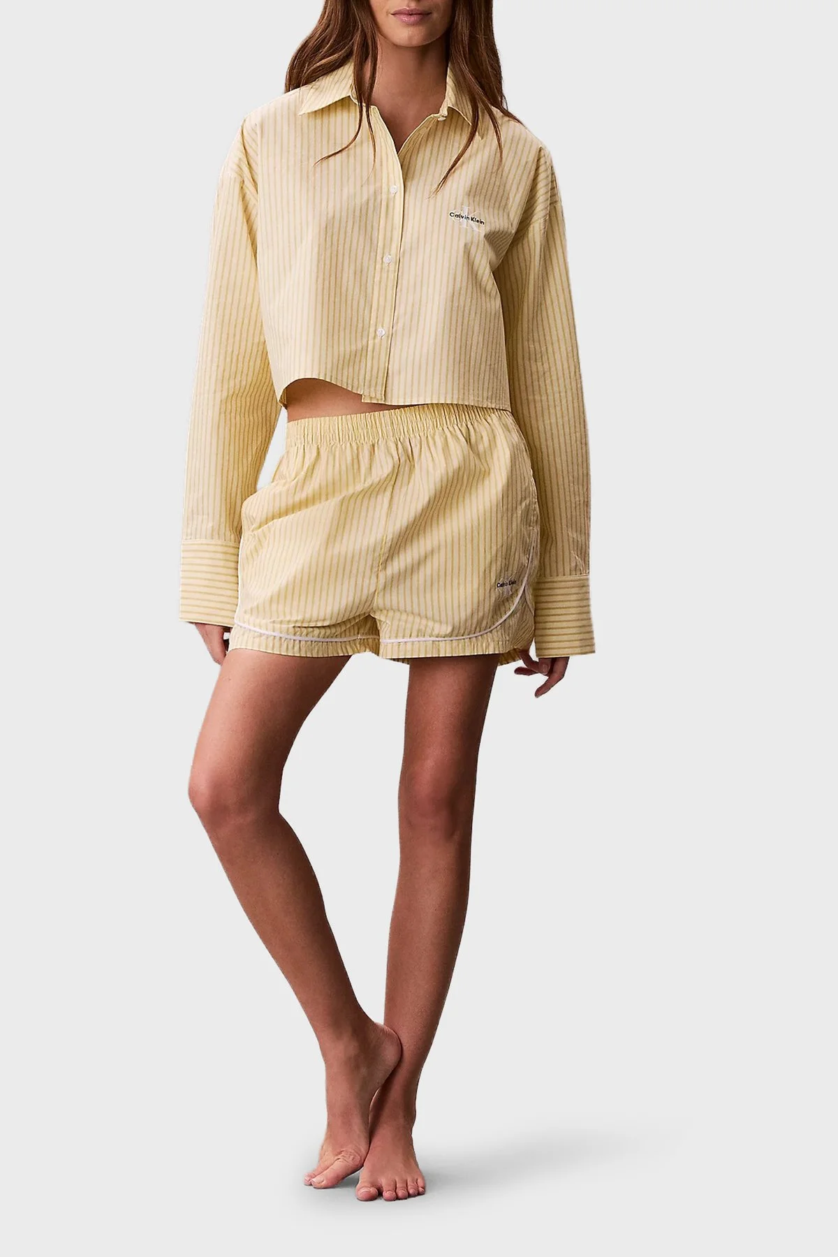 Calvin Klein Çizgili Cropped Fit Pamuklu Poplin LV00QS7605W5W Bayan Gömlek LV00QS7605 W5W SARI - 2