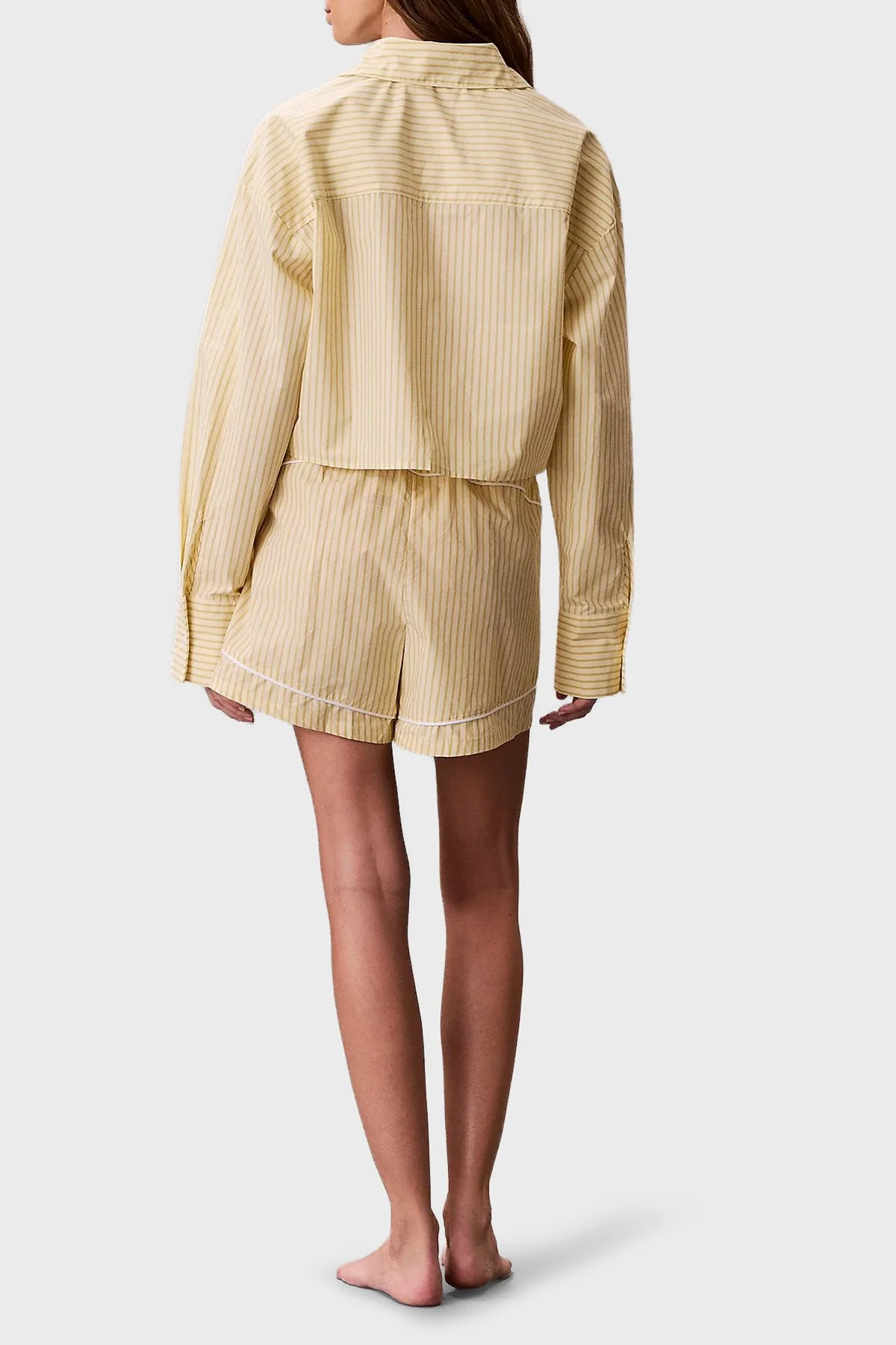 Calvin Klein Çizgili Cropped Fit Pamuklu Poplin LV00QS7605W5W Bayan Gömlek LV00QS7605 W5W SARI - 3