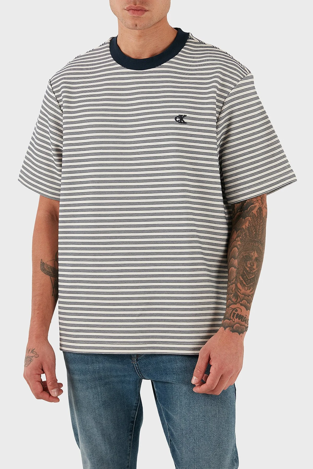 Calvin Klein Çizgili Pamuklu Regular Fit Bisiklet Yaka LV04LD204G67U Erkek T Shirt LV04LD204G 67U BEYAZ - 1