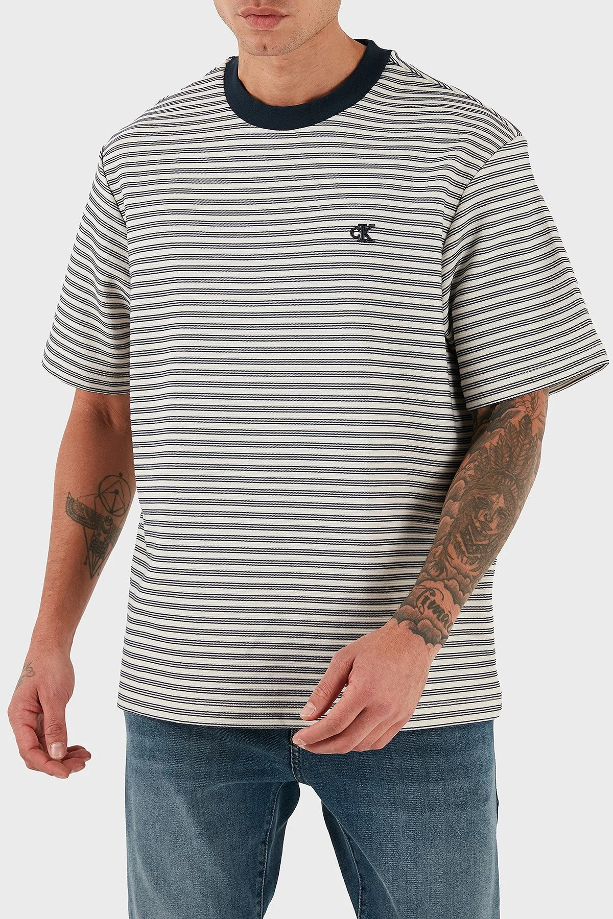 Calvin Klein Çizgili Pamuklu Regular Fit Bisiklet Yaka LV04LD204G67U Erkek T Shirt LV04LD204G 67U BEYAZ - 4