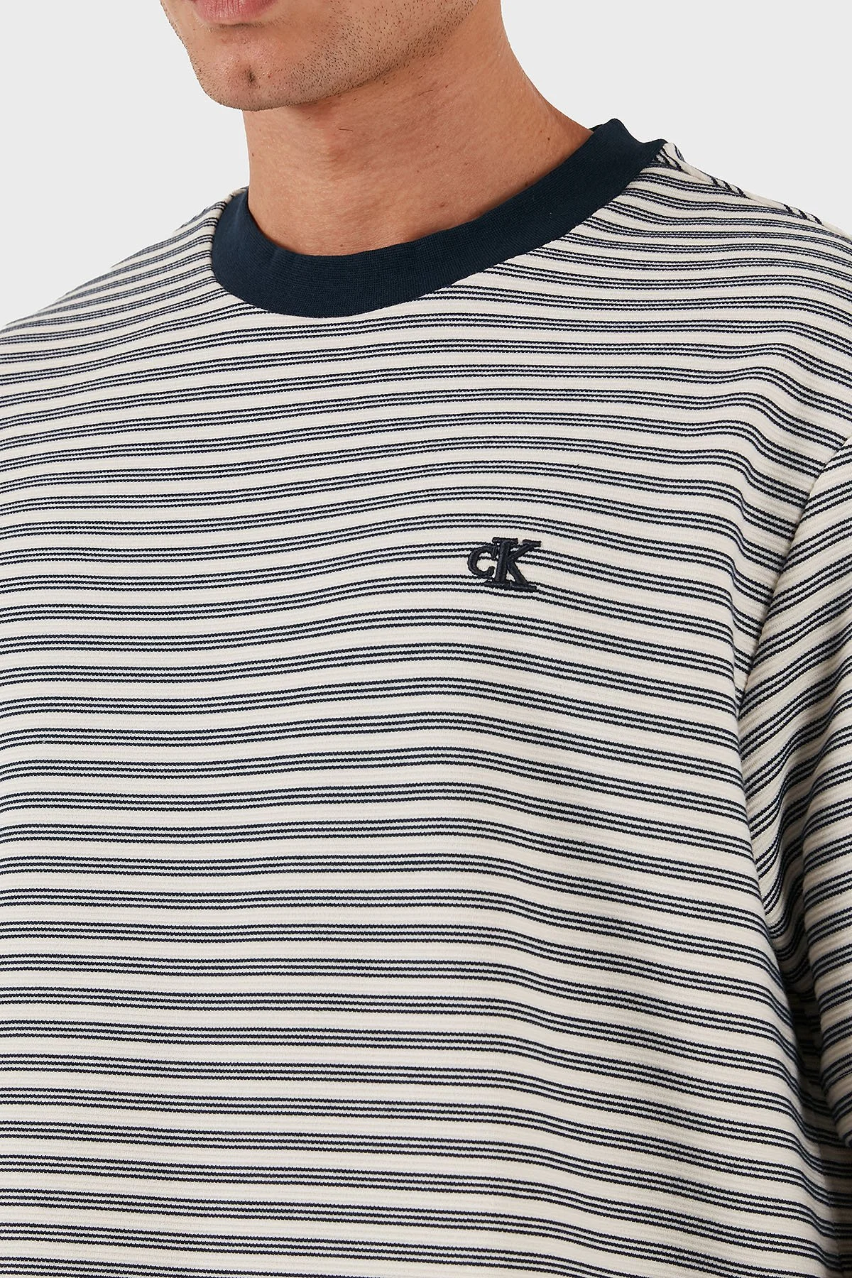 Calvin Klein Çizgili Pamuklu Regular Fit Bisiklet Yaka LV04LD204G67U Erkek T Shirt LV04LD204G 67U BEYAZ - 6