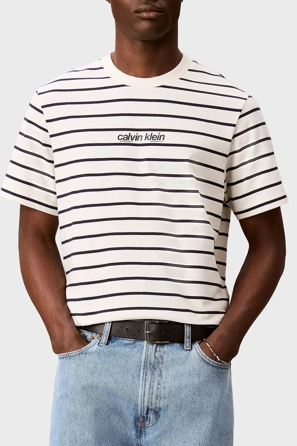 Calvin Klein Çizgili Pamuklu Relaxed Fit Bisiklet Yaka LV04RG236GYAS Erkek T Shirt LV04RG236G YAS KREM - 4