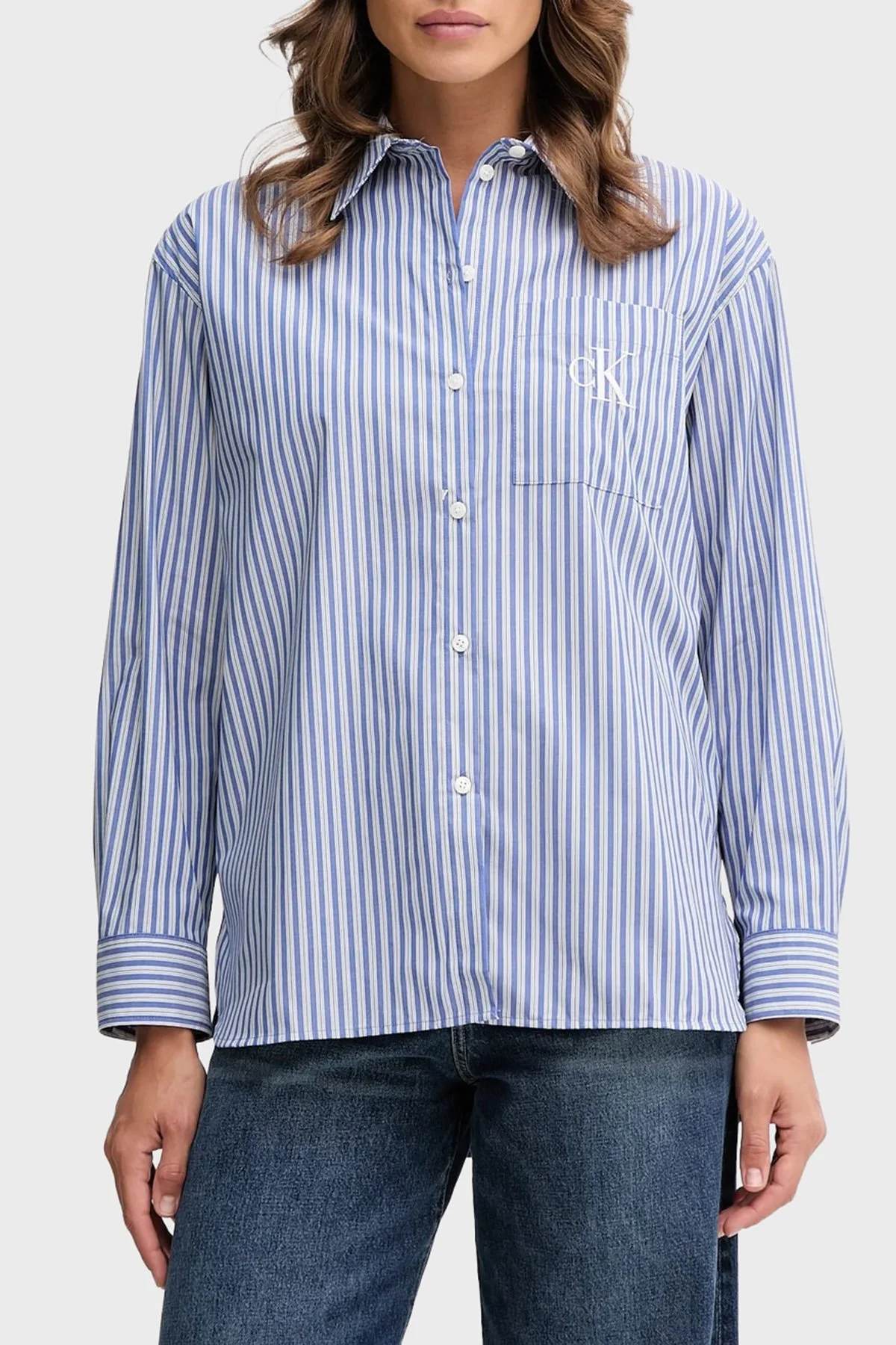 Calvin Klein Çizgili Pamuklu Relaxed Fit Uzun Kollu LV044D170GZNX Bayan Gömlek LV044D170G ZNX LACİVERT - 1