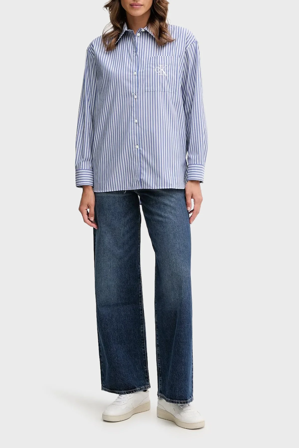 Calvin Klein Çizgili Pamuklu Relaxed Fit Uzun Kollu LV044D170GZNX Bayan Gömlek LV044D170G ZNX LACİVERT - 2