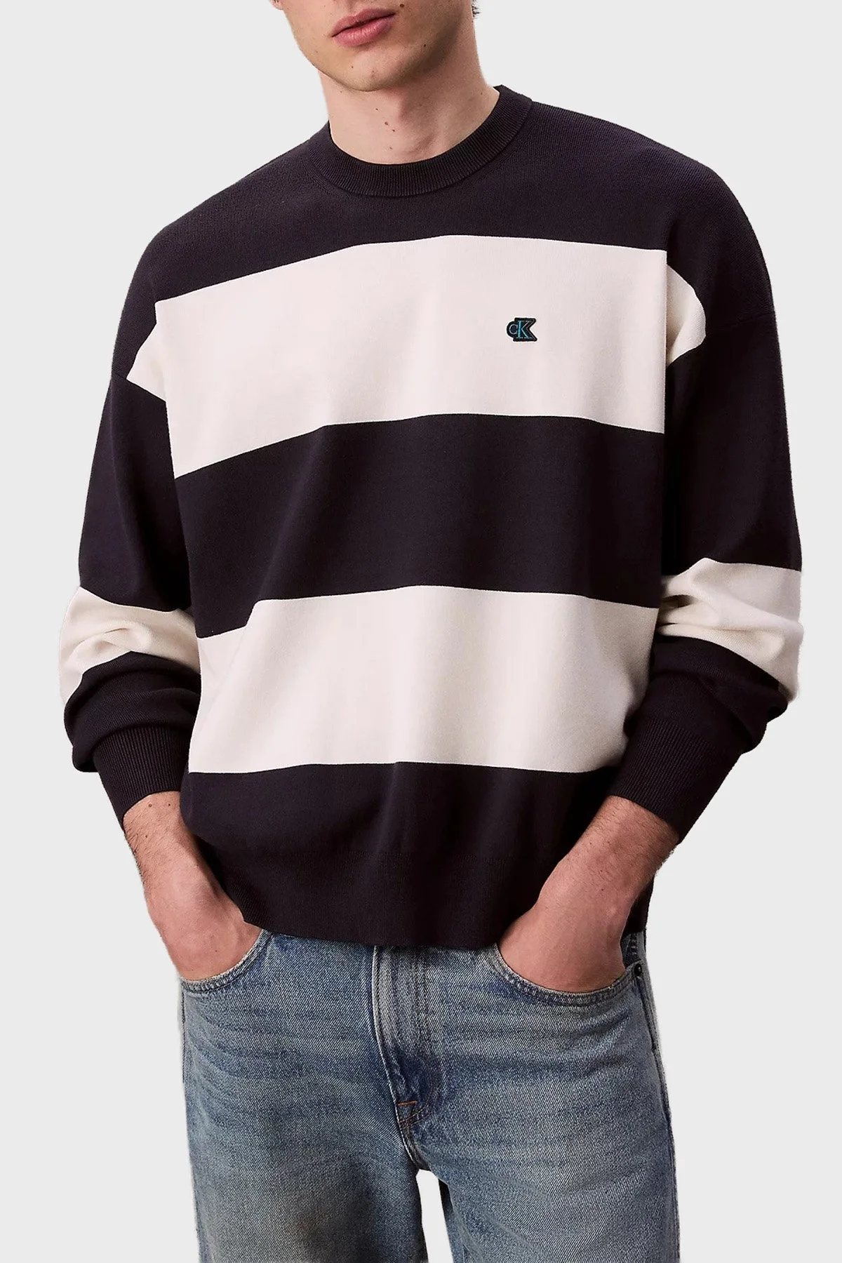 Calvin Klein Çizgili Relaxed Fit Bisiklet Yaka LV04RC304GCHW Erkek Kazak LV04RC304G CHW LACİVERT-BEYAZ - 1