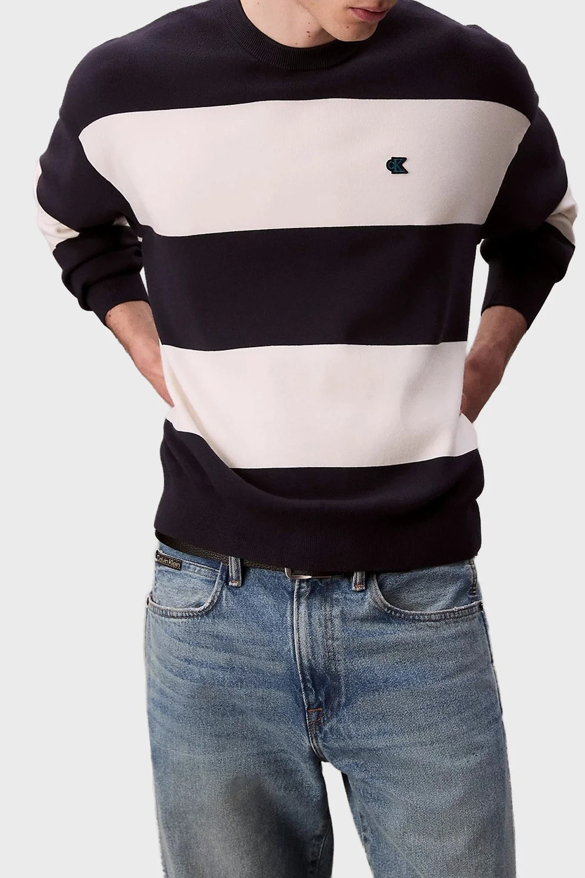 Calvin Klein Çizgili Relaxed Fit Bisiklet Yaka LV04RC304GCHW Erkek Kazak LV04RC304G CHW LACİVERT-BEYAZ - 4