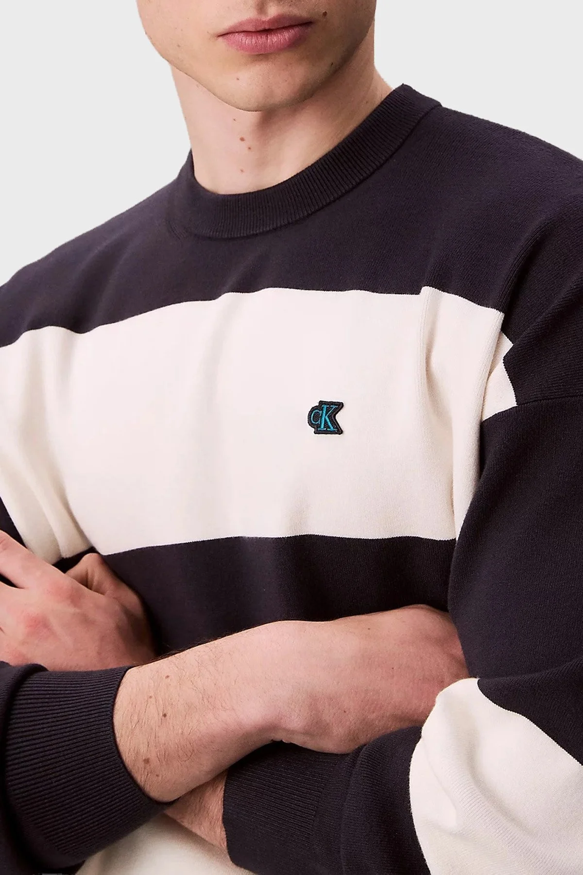 Calvin Klein Çizgili Relaxed Fit Bisiklet Yaka LV04RC304GCHW Erkek Kazak LV04RC304G CHW LACİVERT-BEYAZ - 5