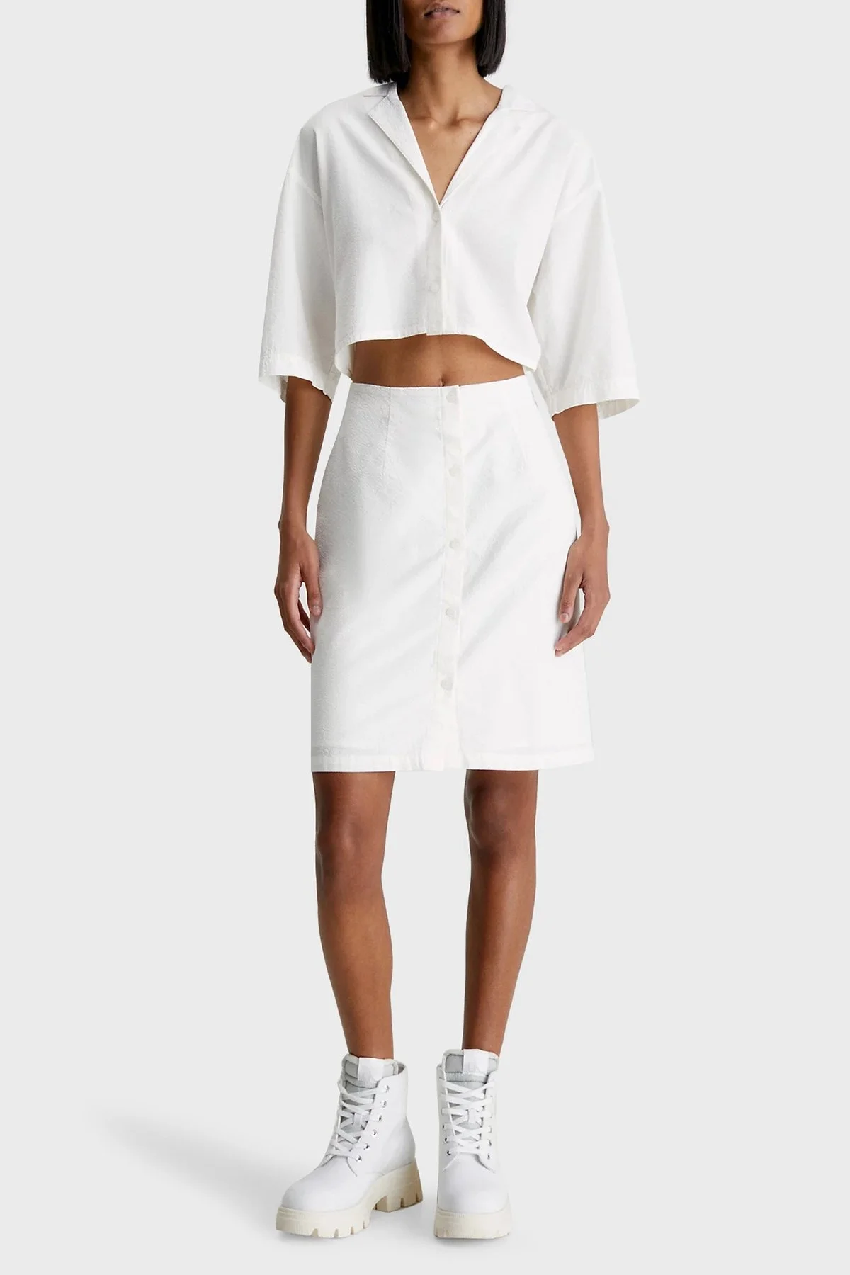 Calvin Klein Cut Out V Yaka Önden Düğmeli Pamuklu Relaxed Fit J20J221133YBH Bayan Elbise J20J221133 YBH BEYAZ - 1