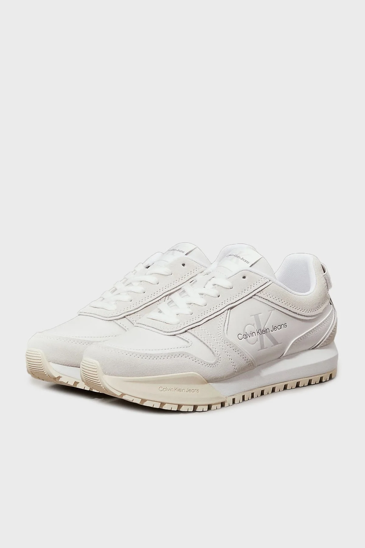 Calvin Klein Deri ve Süet Logolu Sneaker YW0YW0093401W Bayan Ayakkabı YW0YW00934 01W Beyaz-Krem - 3