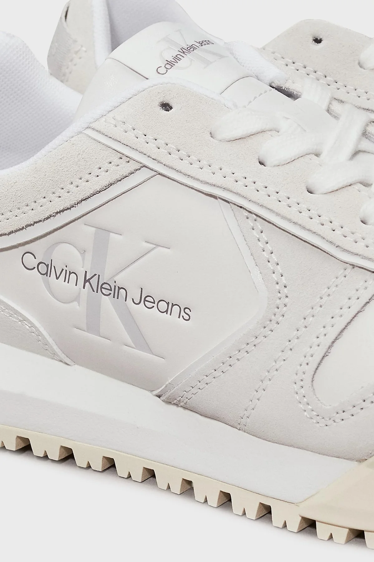 Calvin Klein Deri ve Süet Logolu Sneaker YW0YW0093401W Bayan Ayakkabı YW0YW00934 01W Beyaz-Krem - 6
