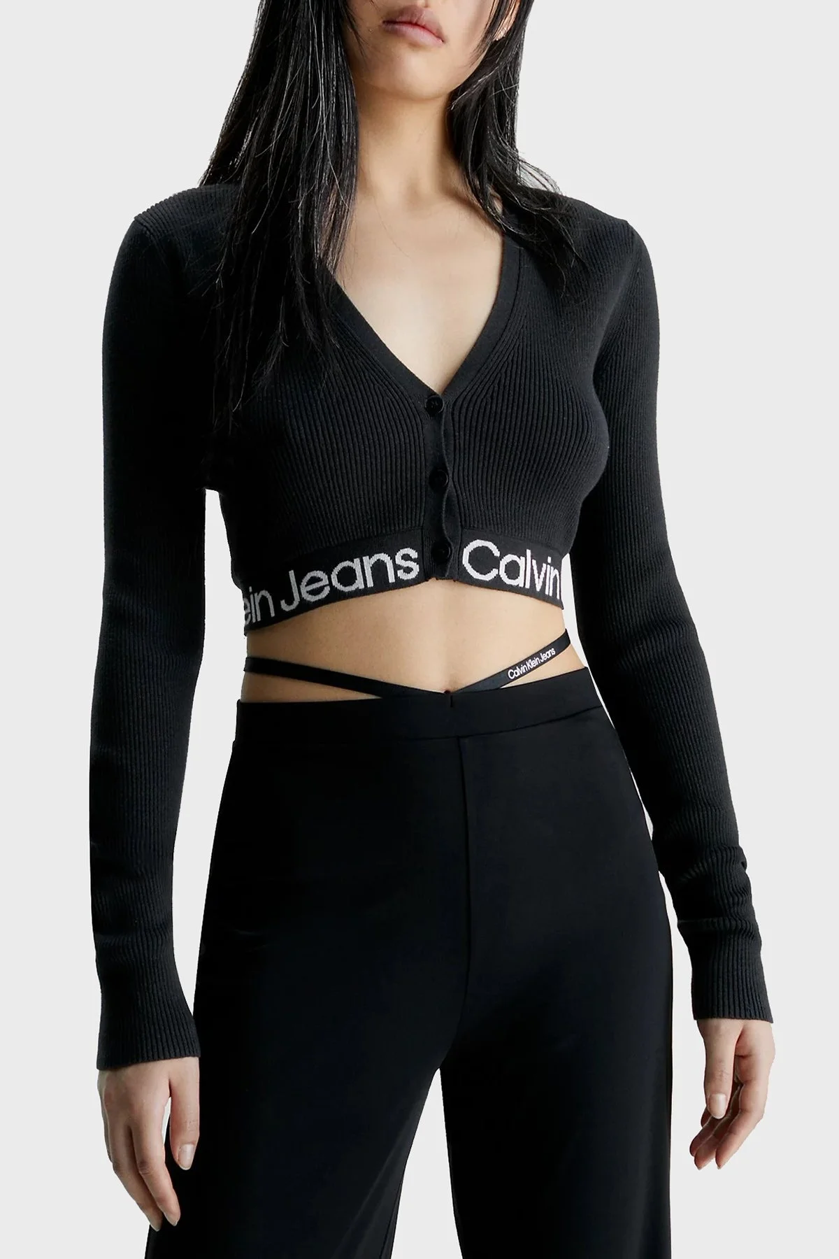 Calvin Klein Düğmeli V Yaka Pamuklu Slim Fit Crop J20J221961BEH Bayan Hırka J20J221961 BEH SİYAH - 1