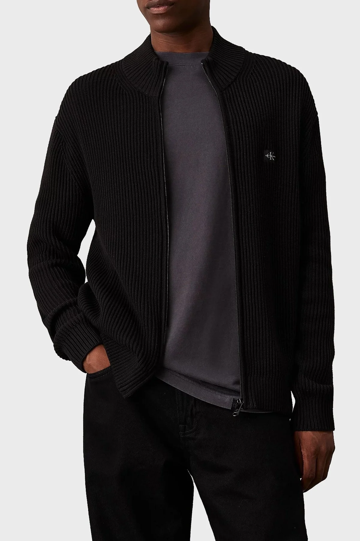 Calvin Klein Fitilli % 100 Pamuk Relaxed Fit Dik Yaka Örme J30J326197BEH Erkek Hırka J30J326197 BEH SİYAH - 1