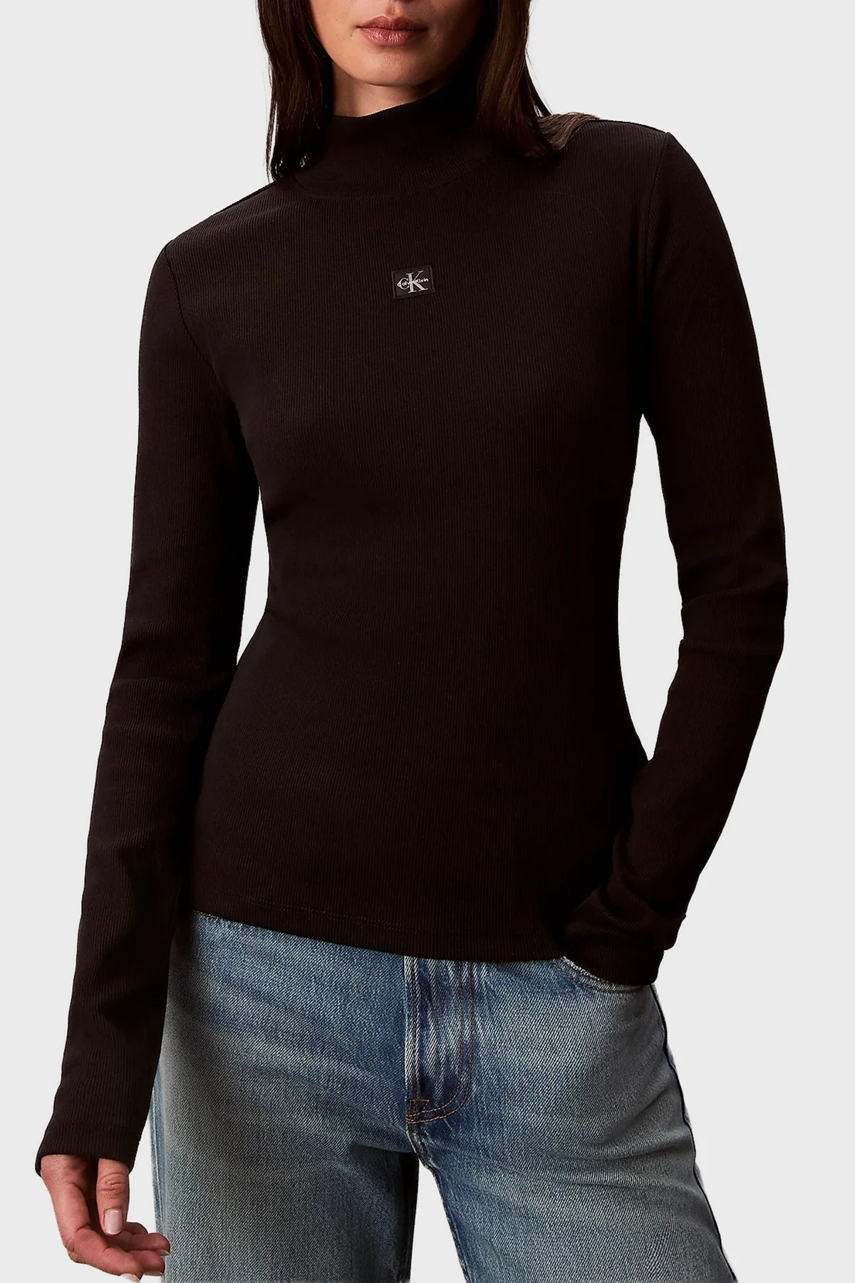 Calvin Klein Fitilli Logolu Pamuklu Slim Fit Balıkçı Yaka LV047D203GUB1 Bayan Kazak LV047D203G UB1 SİYAH - 1