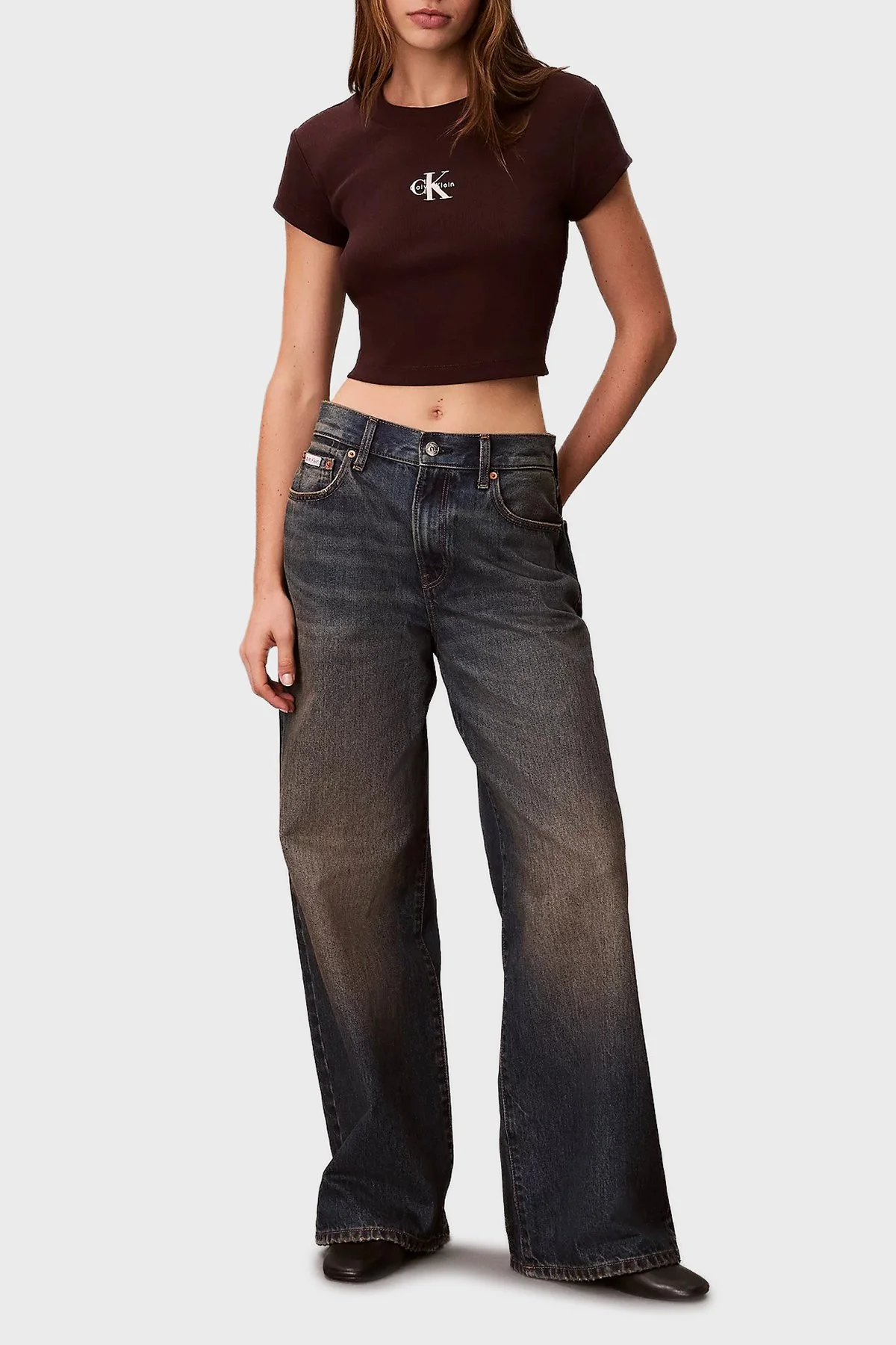 Calvin Klein Fitilli Pamuklu Slim Fit Bisiklet Yaka Crop LV047AB8022E8 Bayan T Shirt LV047AB802 2E8 BORDO - 2