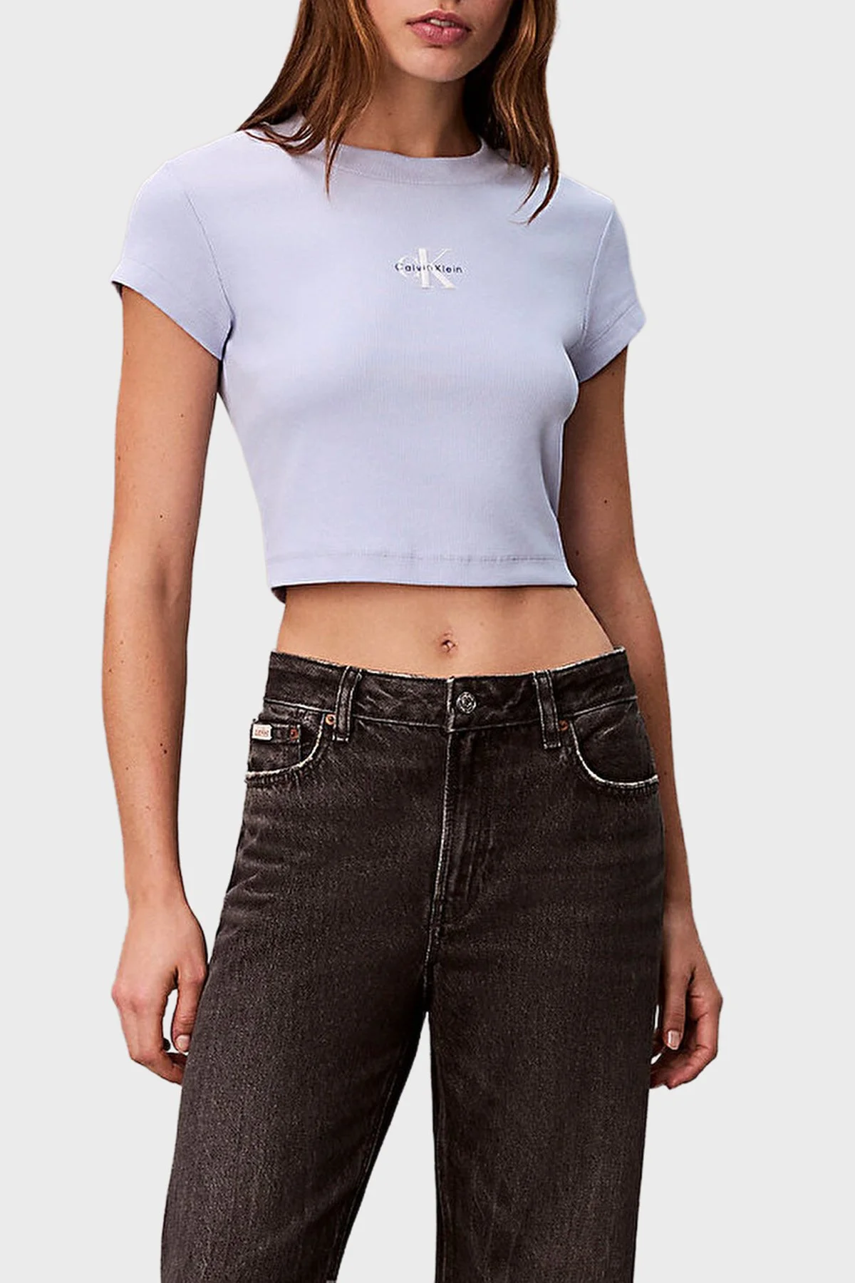 Calvin Klein Fitilli Pamuklu Slim Fit Bisiklet Yaka Crop LV047AB802TKF Bayan T Shirt LV047AB802 TKF MAVİ - 1