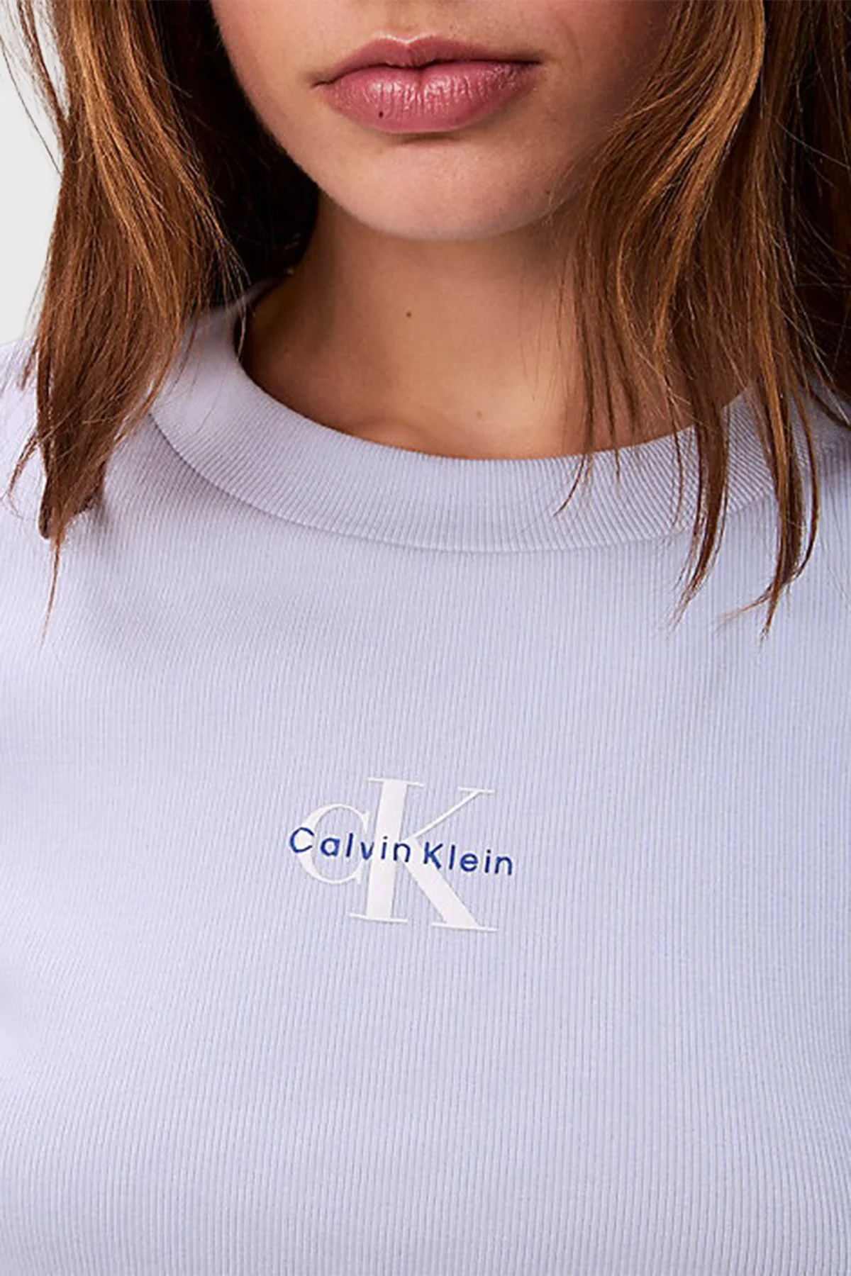 Calvin Klein Fitilli Pamuklu Slim Fit Bisiklet Yaka Crop LV047AB802TKF Bayan T Shirt LV047AB802 TKF MAVİ - 5