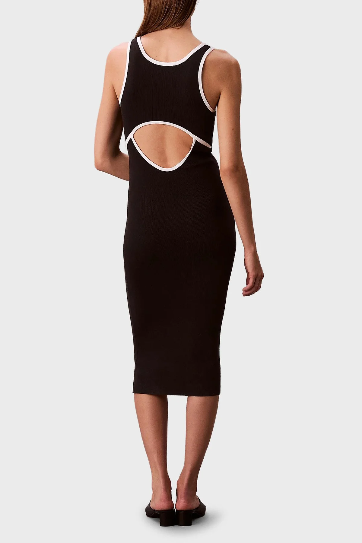 Calvin Klein Fitilli Pamuklu Slim Fit Yuvarlak Yaka Midi LV047D301GUB1 Bayan Elbise LV047D301G UB1 SİYAH - 5