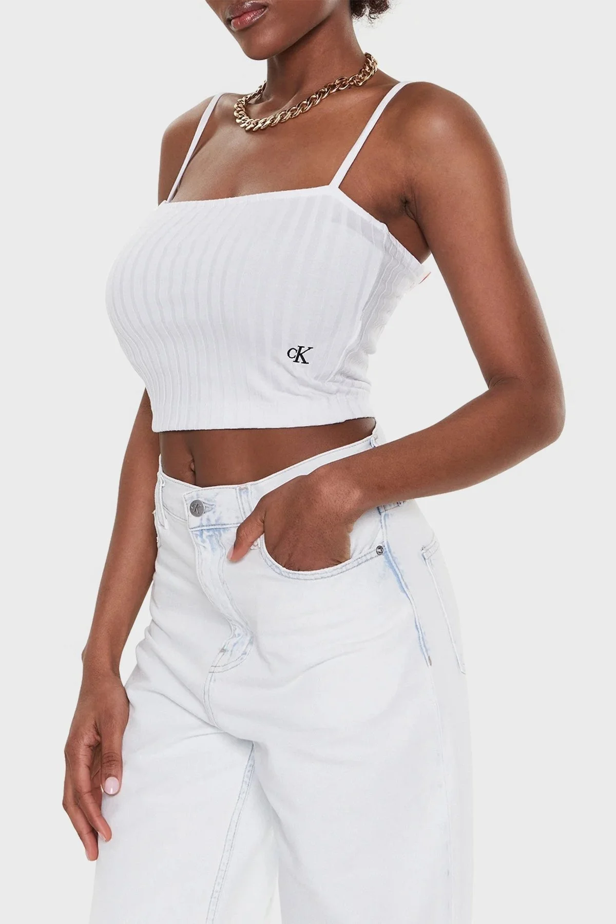 Calvin Klein Fitilli Slim Fit İp Askılı Streç Atlet J20J221009YAF Bayan Top J20J221009 YAF BEYAZ - 1