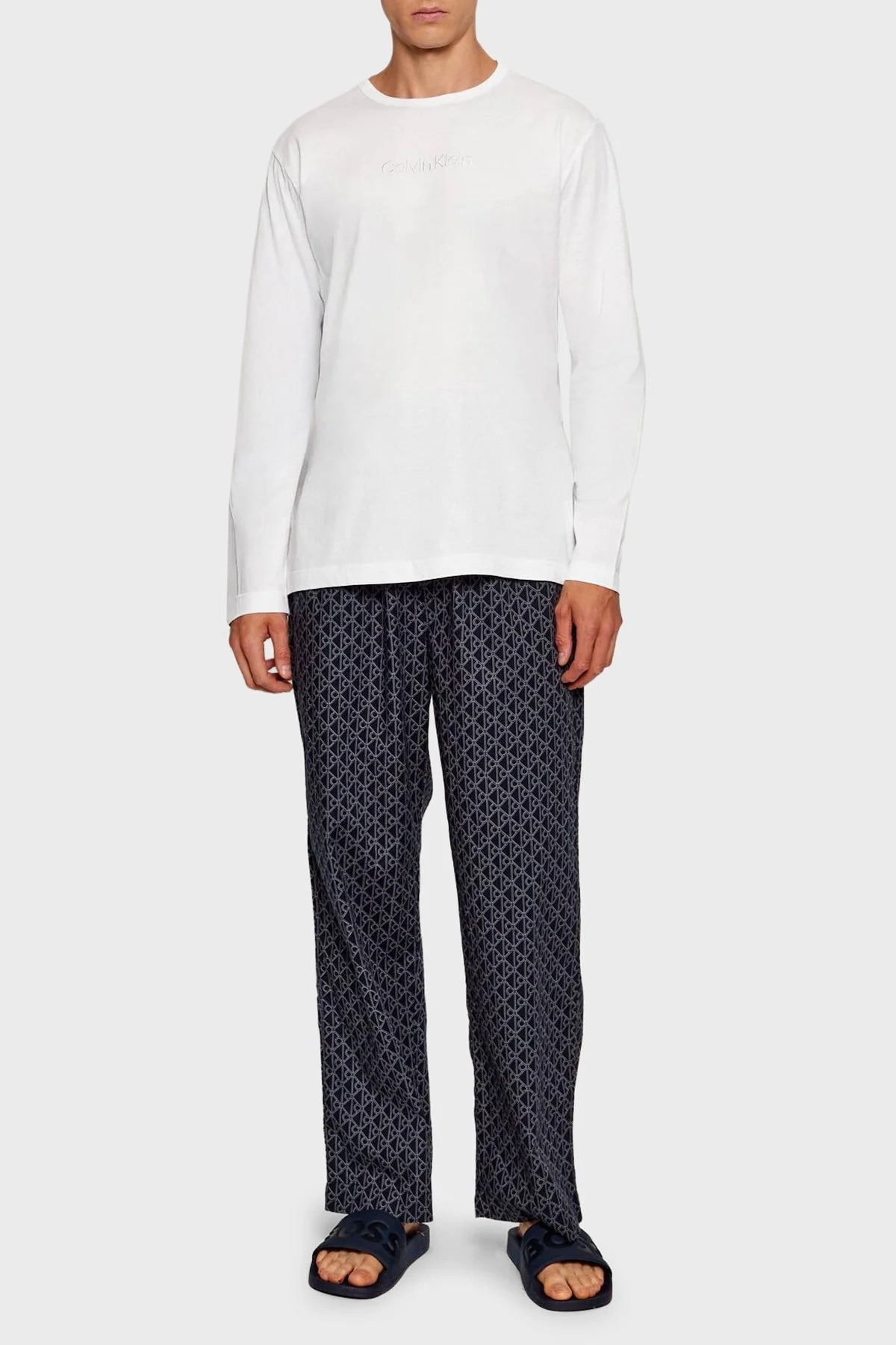 Calvin Klein Jakarlı Logolu % 100 Pamuk Relaxed Fit LV00NM295333E Erkek Pijama Takımı LV00NM2953 33E LACİVERT-BEYAZ - 1