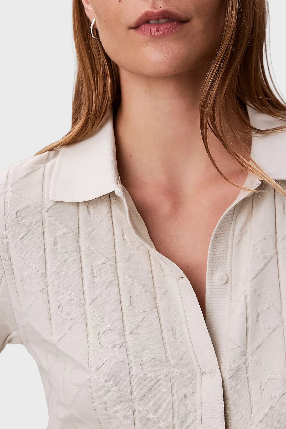 Calvin Klein Jakarlı Logolu Regular Fit Klasik Yaka Kısa Kollu LV044D209G67U Bayan Gömlek LV044D209G 67U TAŞ - 5