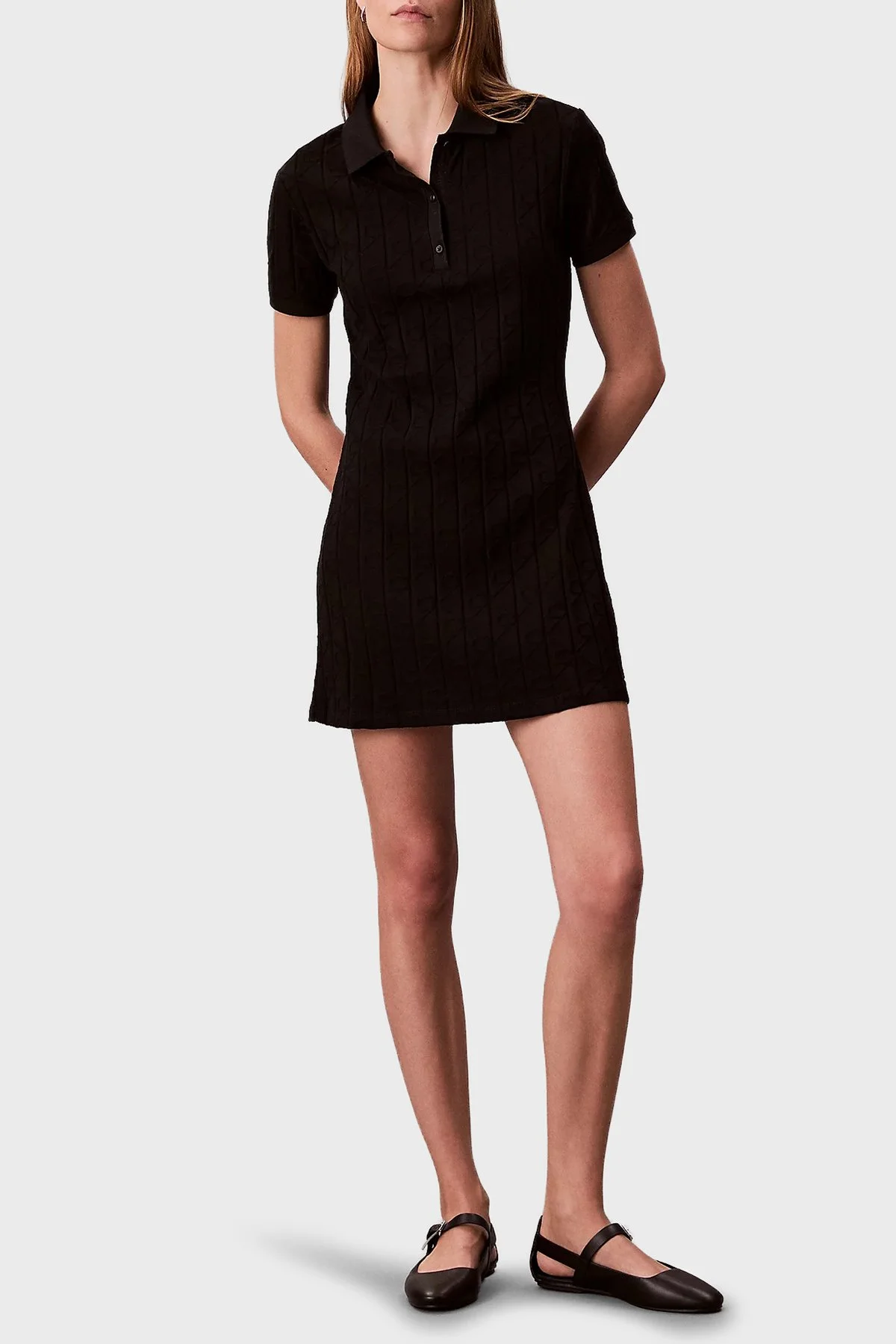 Calvin Klein Jakarlı Pamuklu Fitted Fit Mini Polo Yaka LV044D208GUB1 Bayan Elbise LV044D208G UB1 SİYAH - 3