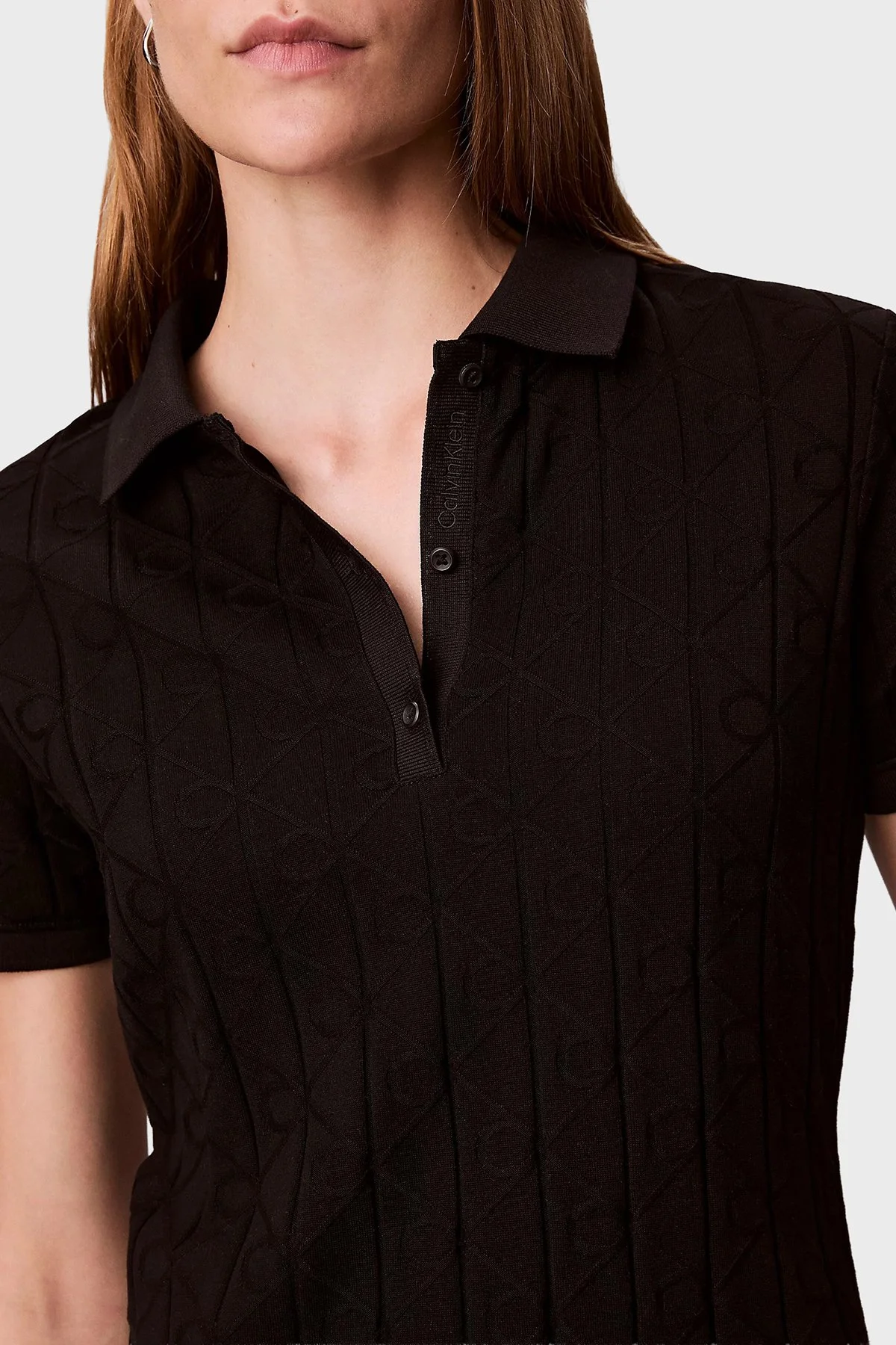 Calvin Klein Jakarlı Pamuklu Fitted Fit Mini Polo Yaka LV044D208GUB1 Bayan Elbise LV044D208G UB1 SİYAH - 5