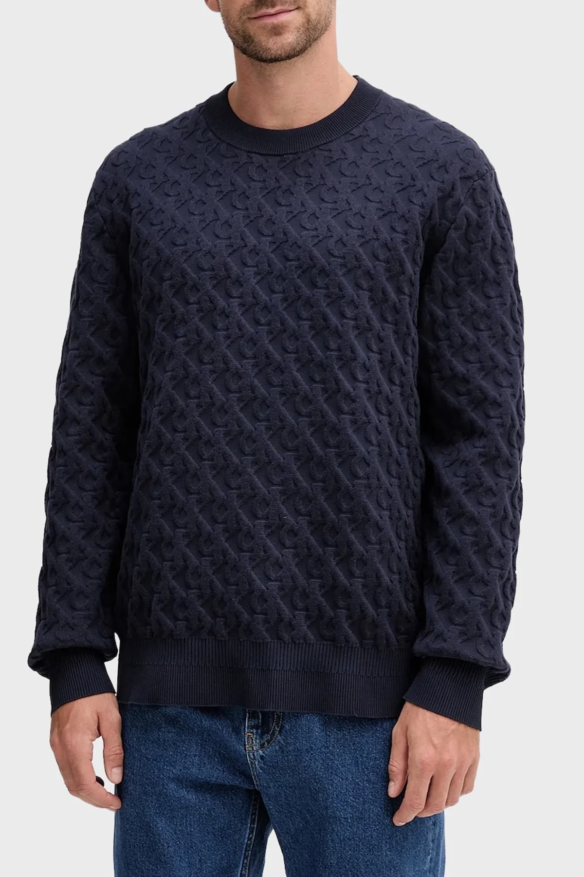 Calvin Klein Kabartmalı Logolu Pamuklu Relaxed Fit Bisiklet Yaka LV04RC359GDYF Erkek Kazak LV04RC359G DYF LACİVERT - 1