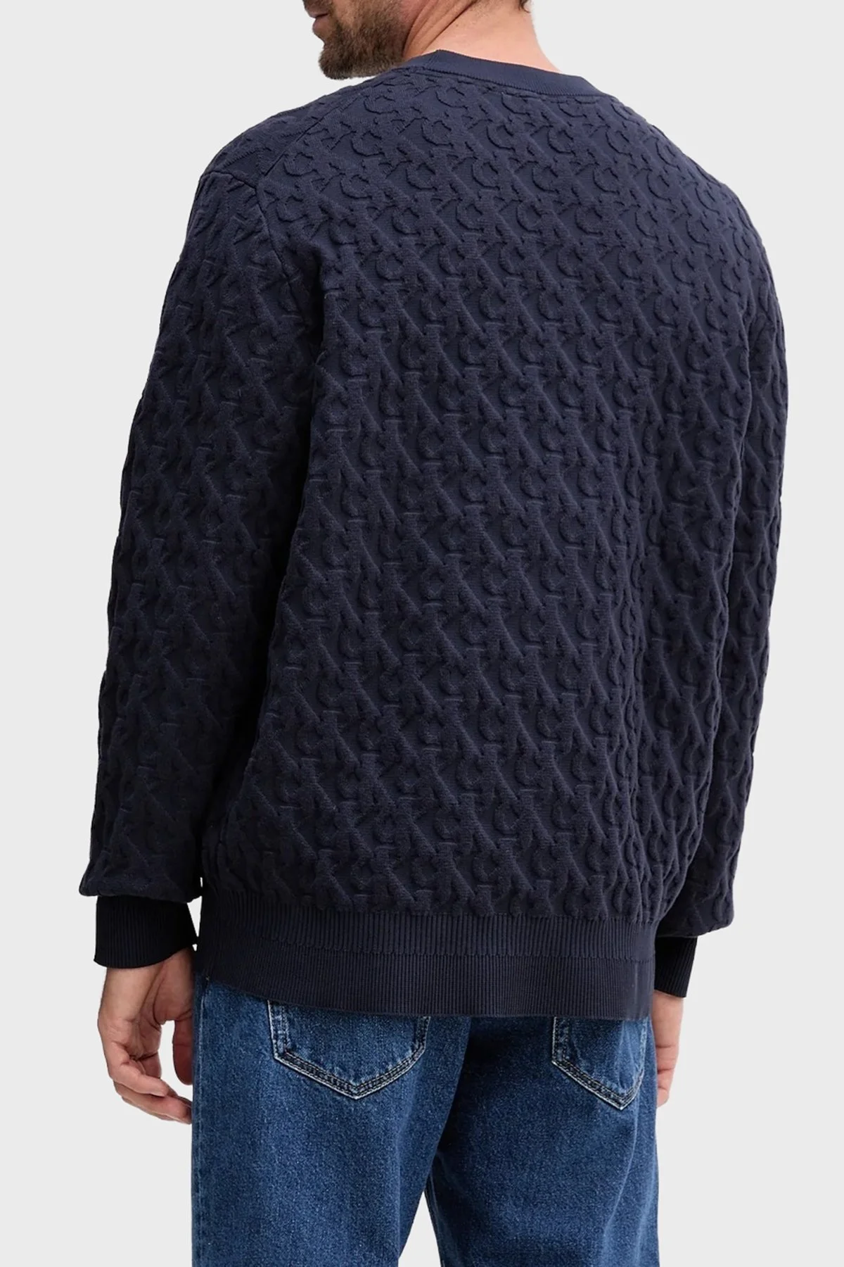 Calvin Klein Kabartmalı Logolu Pamuklu Relaxed Fit Bisiklet Yaka LV04RC359GDYF Erkek Kazak LV04RC359G DYF LACİVERT - 3