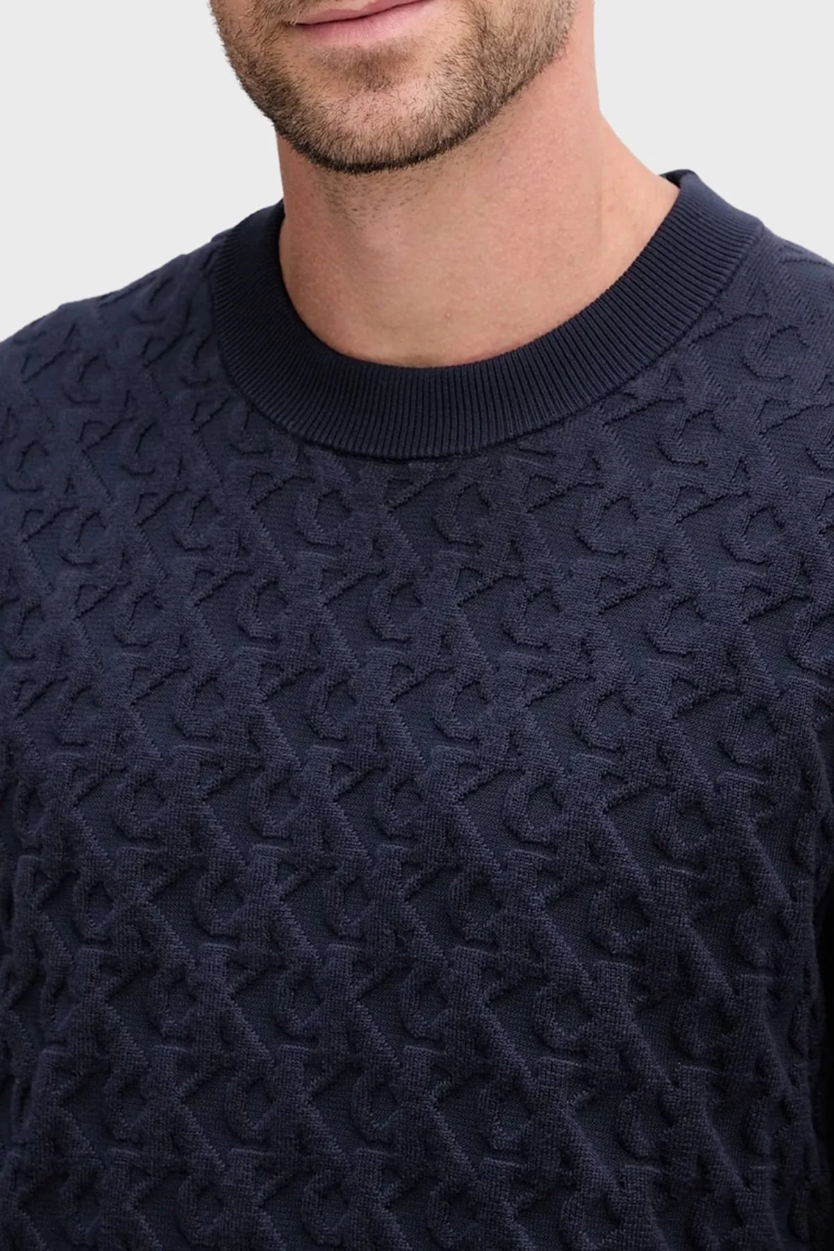 Calvin Klein Kabartmalı Logolu Pamuklu Relaxed Fit Bisiklet Yaka LV04RC359GDYF Erkek Kazak LV04RC359G DYF LACİVERT - 4