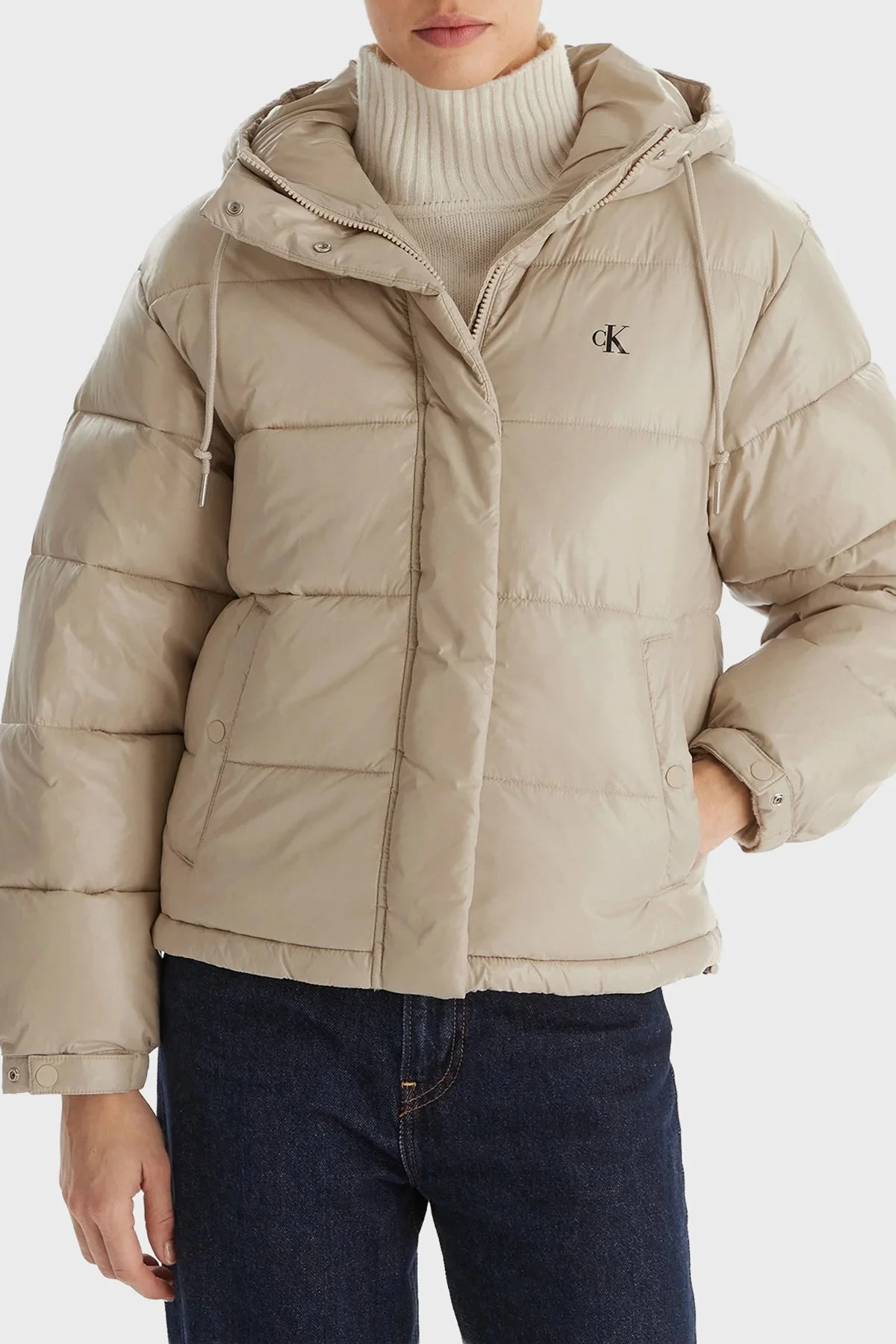 Calvin Klein Kapitoneli Loose Fit Kapüşonlu Parlak Şişme LV047D505GNSU Bayan Mont LV047D505G NSU BEJ - 1