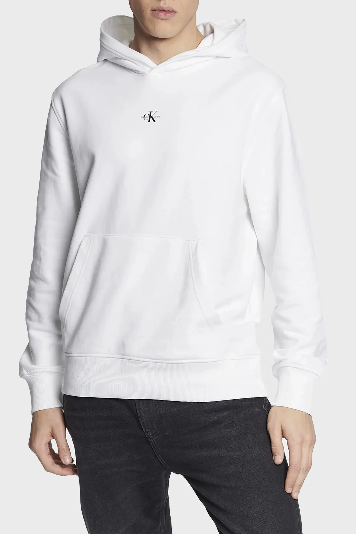 Calvin Klein Kapüşonlu Kanguru Cepli % 100 Pamuk Regular Fit J30J322535YAF Erkek Sweat J30J322535 YAF BEYAZ - 1