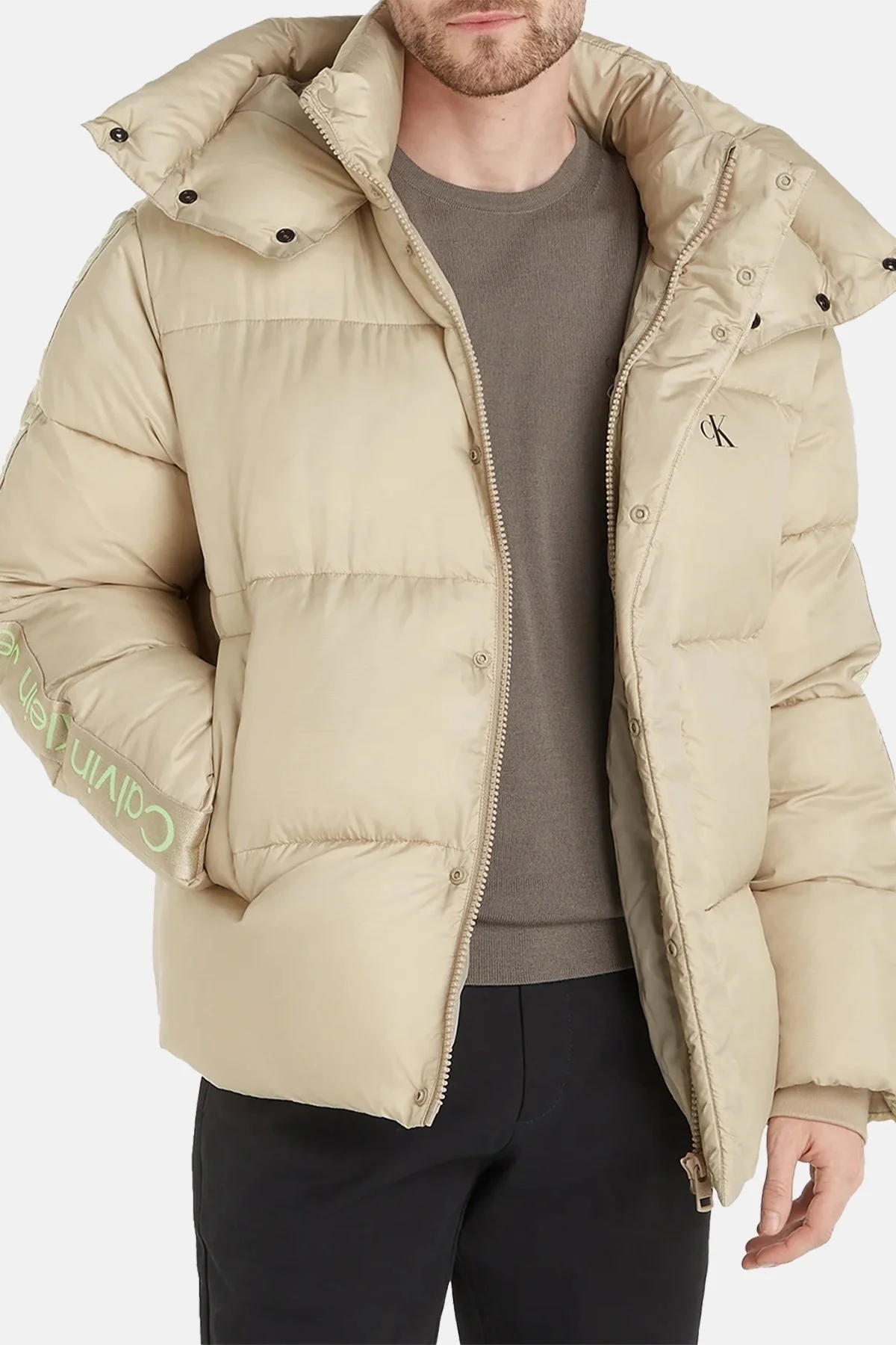 Calvin Klein Kapüşonlu Logolu Relaxed Fit Şişme J30J324073PED Erkek Mont J30J324073 PED BEJ - 1