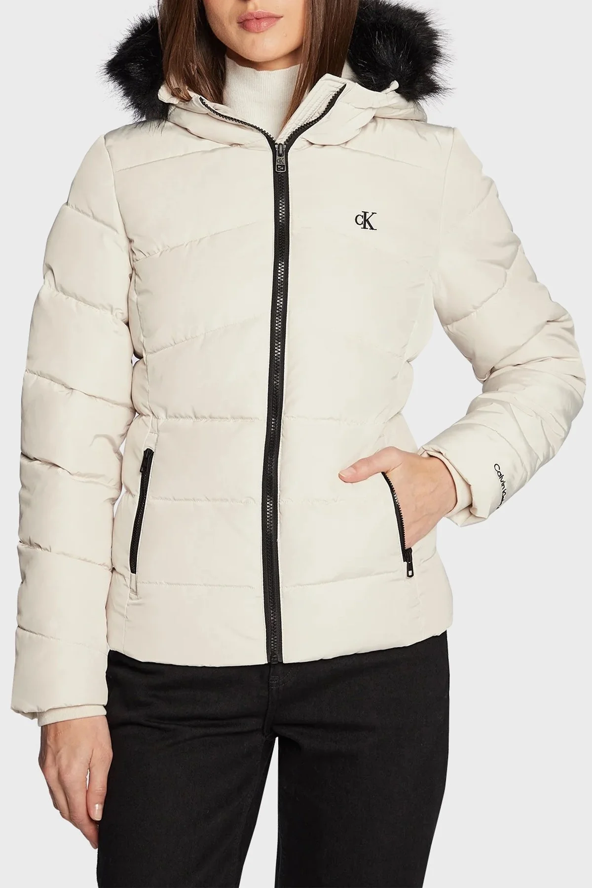 Calvin Klein Kuş Tüyü Dolgulu Kapüşonlu Şişme Bayan Mont J20J219824 ACF BEJ - 1