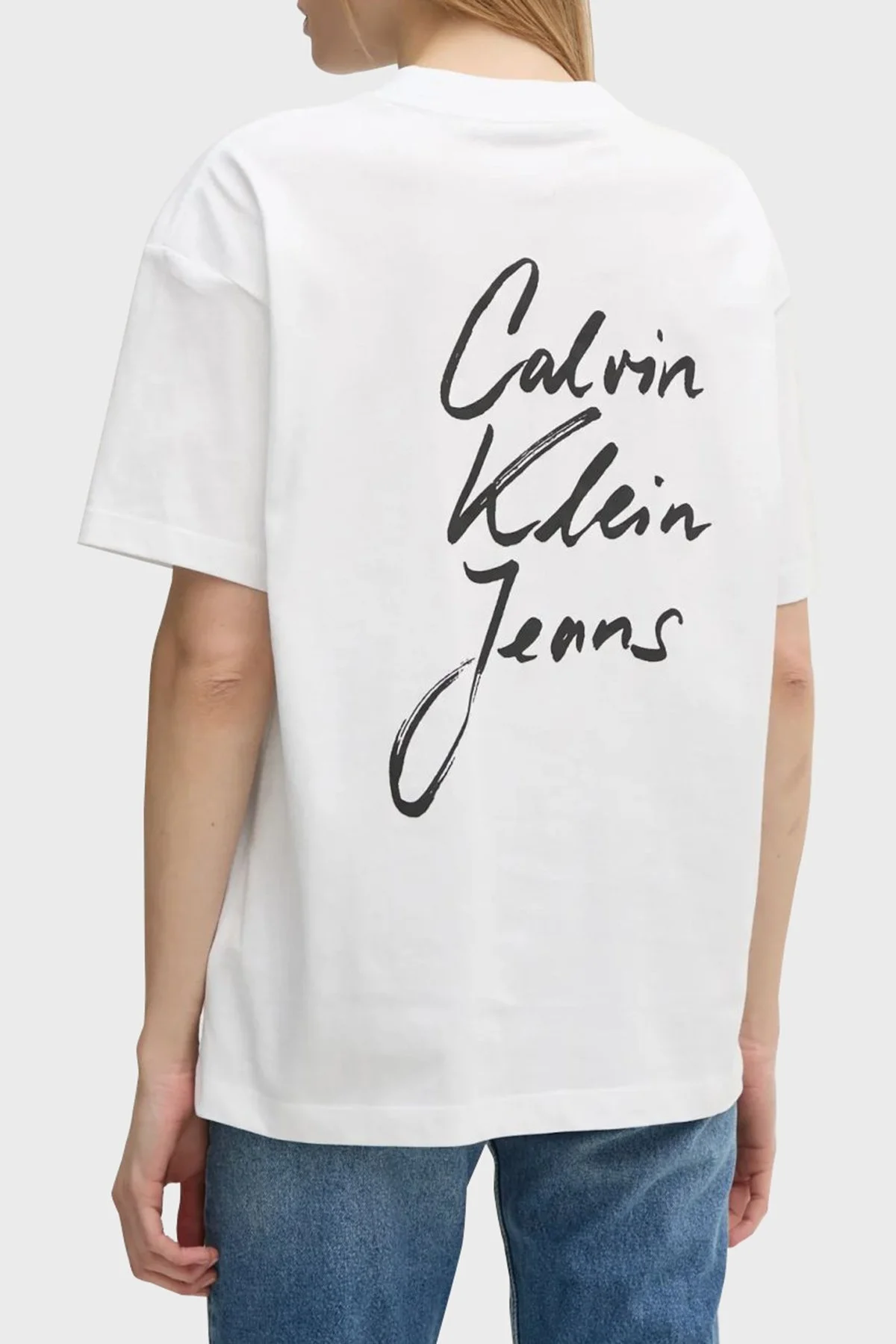 Calvin Klein Logo Baskılı % 100 Pamuk Relaxed Fit Bisiklet Yaka J20J225113YAF Bayan T Shirt J20J225113 YAF BEYAZ - 6