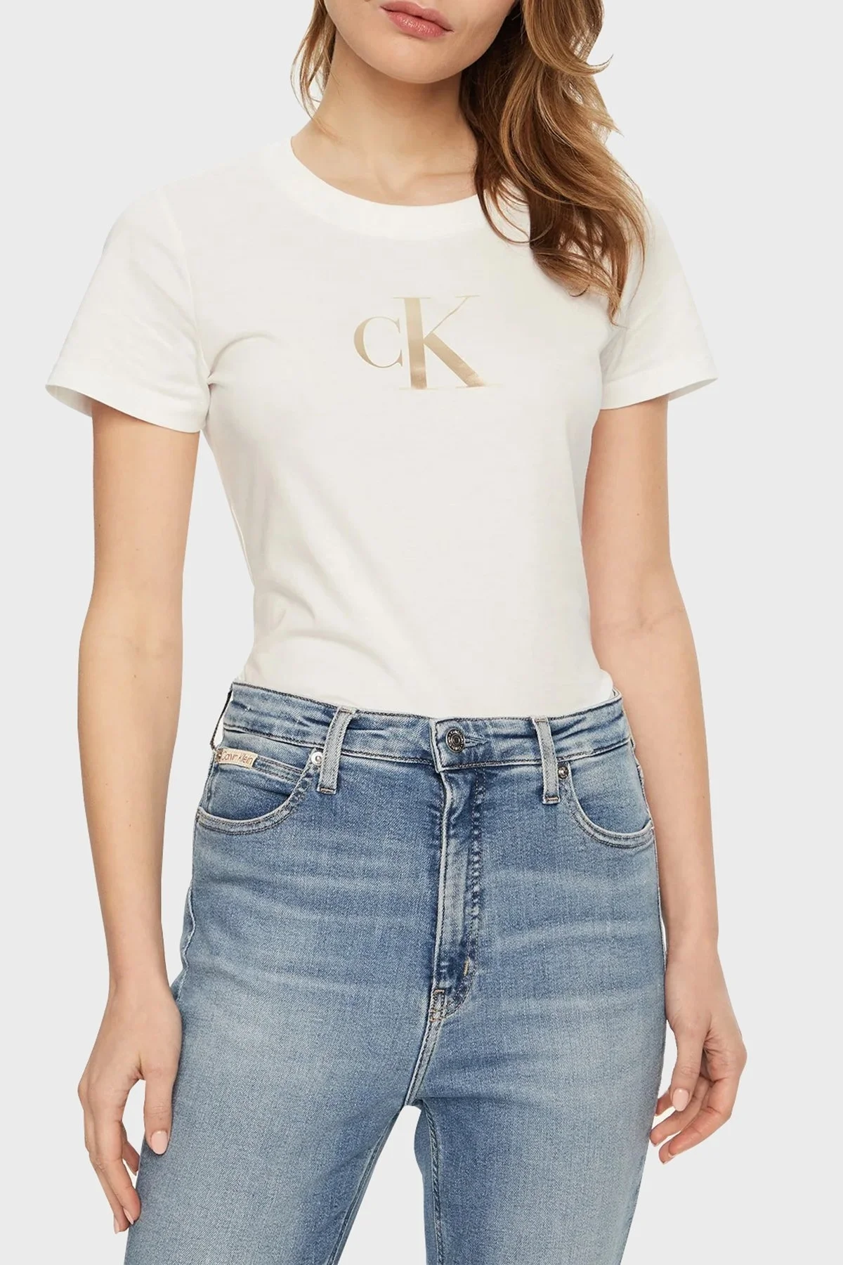 Calvin Klein Logo Baskılı Pamuklu Slim Fit Bisiklet Yaka J20J224982YAF Bayan T Shirt J20J224982 YAF BEYAZ - 1