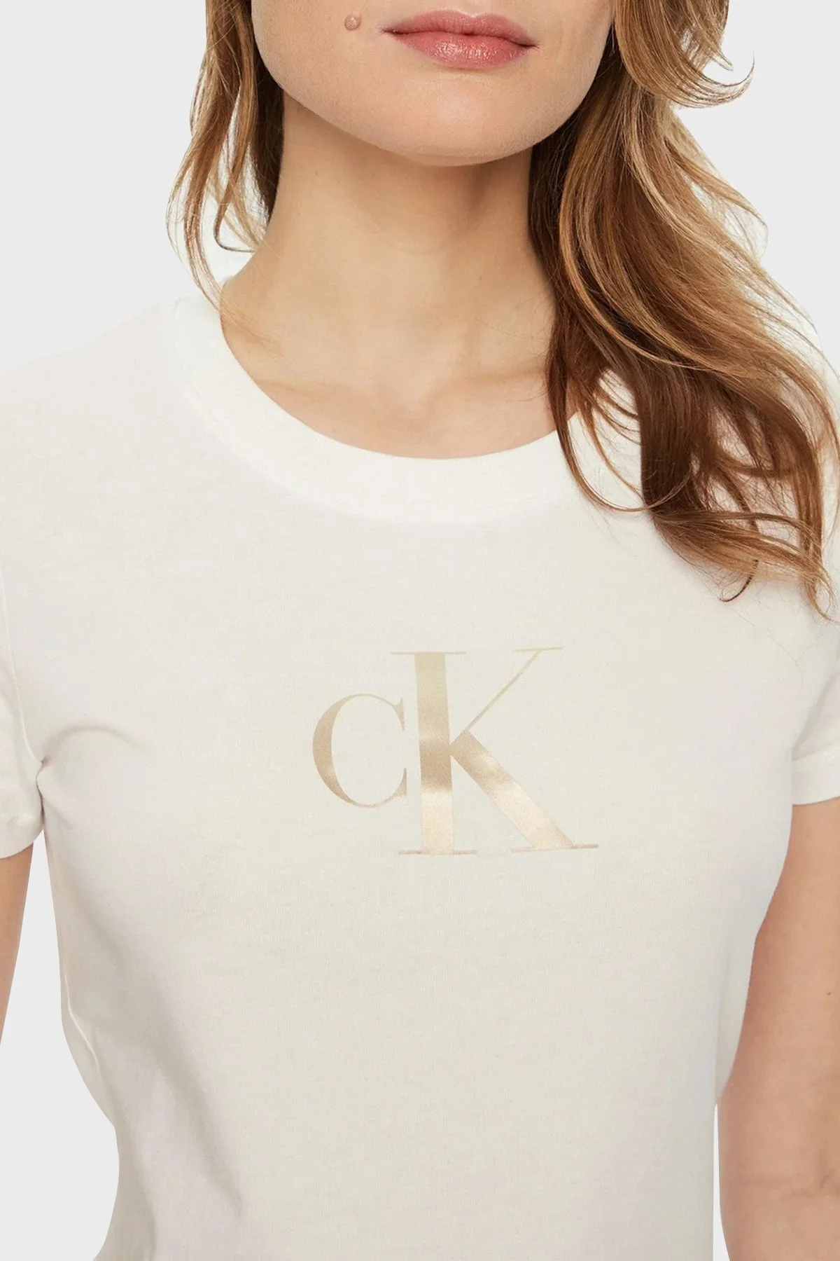 Calvin Klein Logo Baskılı Pamuklu Slim Fit Bisiklet Yaka J20J224982YAF Bayan T Shirt J20J224982 YAF BEYAZ - 4